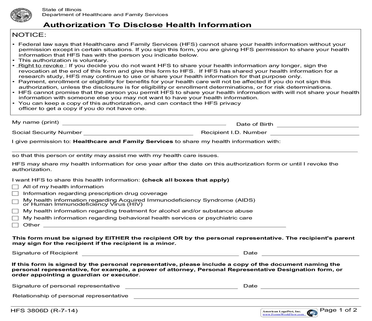 Authorization To Disclose Health Information {HFS 3806D} | Pdf Fpdf Doc Docx | Illinois