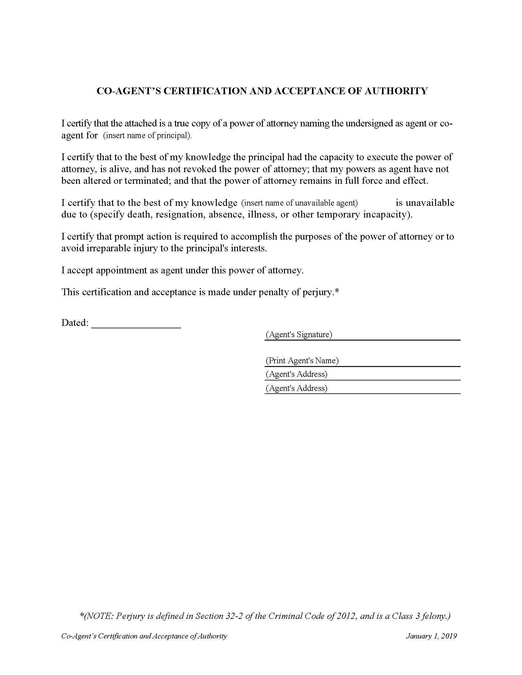 Co-Agents Certification And Acceptance Of Authority {IL-SWM CCAA} | Pdf Fpdf Doc Docx | Illinois