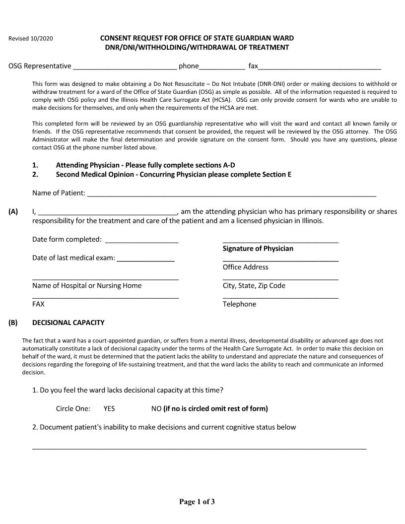 Consent Request State Guardian Ward DNR-DNI-Withholding-Withdrawal Of Treatment | Pdf Fpdf Docx | Illinois