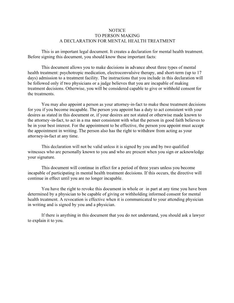 Declaration For Mental Health Treatment | Pdf Fpdf Doc Docx | Illinois