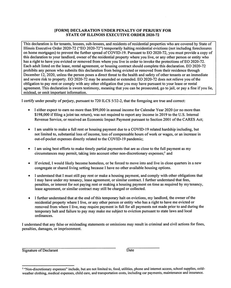 Declaration Under Penalty Of Perjury For State Executive Order 2020-72 | Pdf Fpdf Docx | Illinois