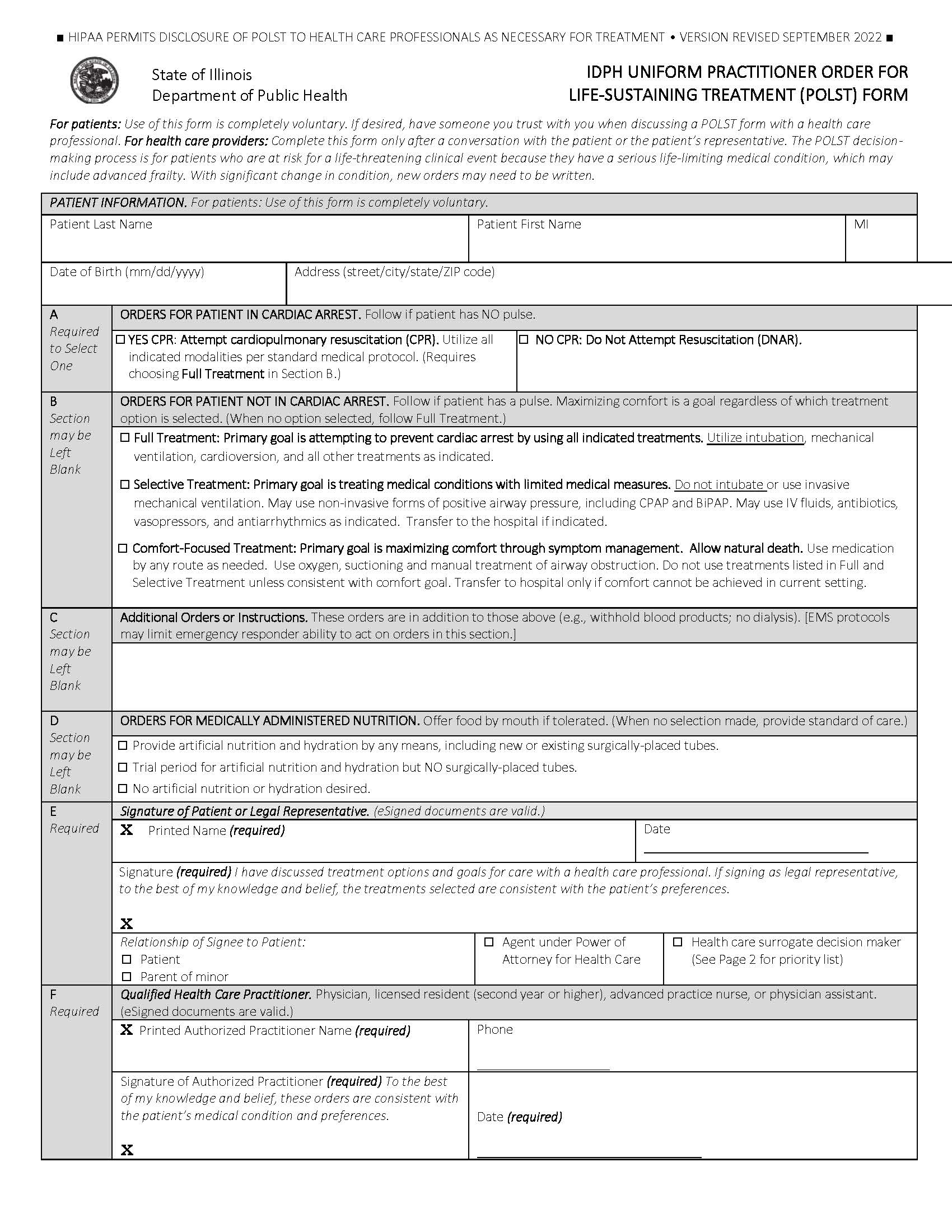 IDPH Uniform Practitioner Order For Life-Sustaining Treatment (POLST) Form | Pdf Fpdf Docx | Illinois