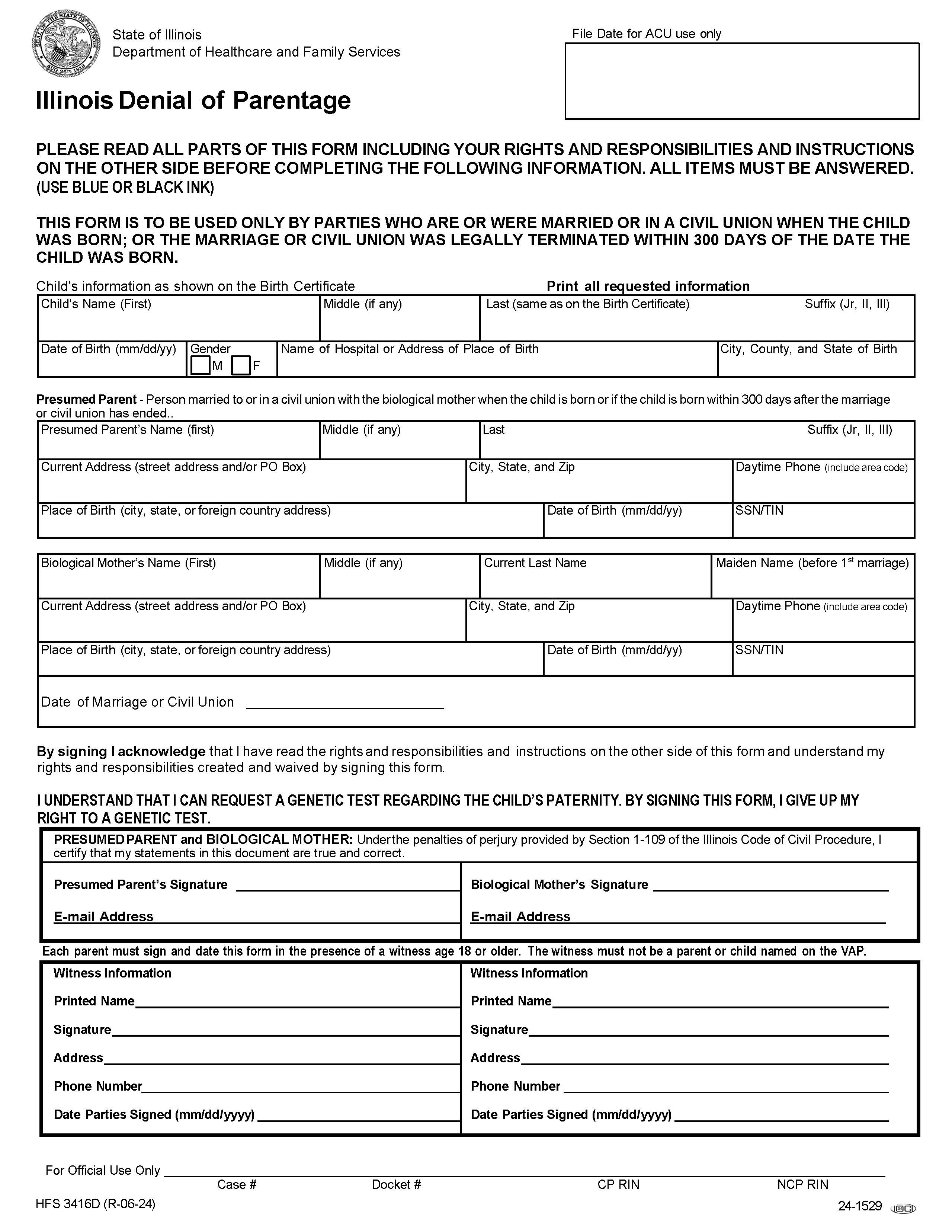 Illinois Denial Of Parentage {HFS 3416D} | Pdf Fpdf Docx | Illinois