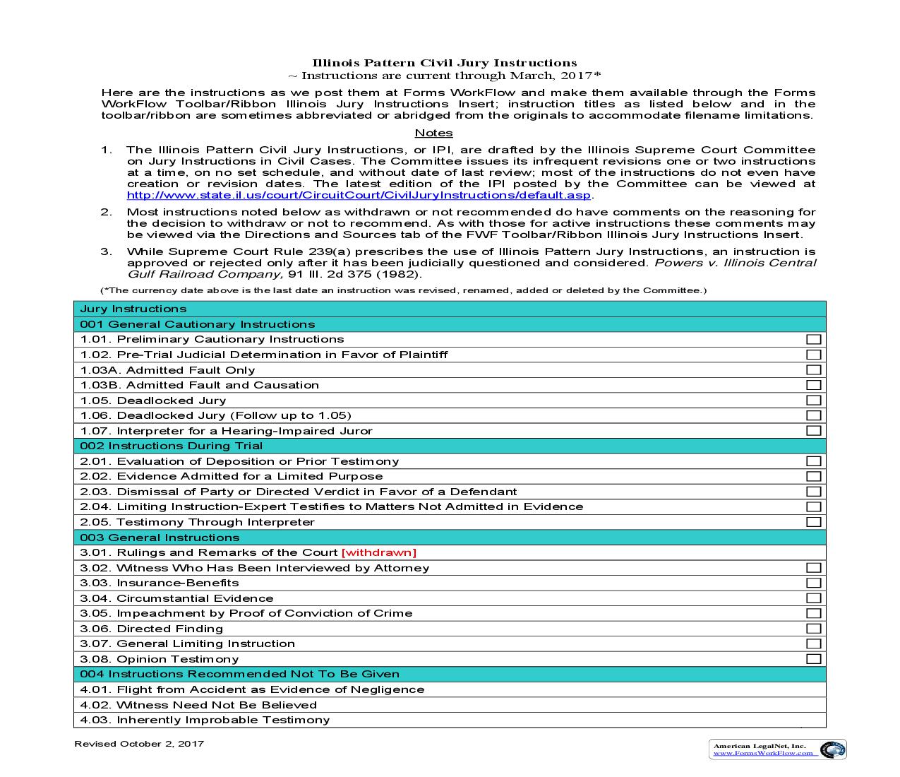 Illinois Pattern Civil Jury Instructions Pick List | Pdf Fpdf Docx | Illinois