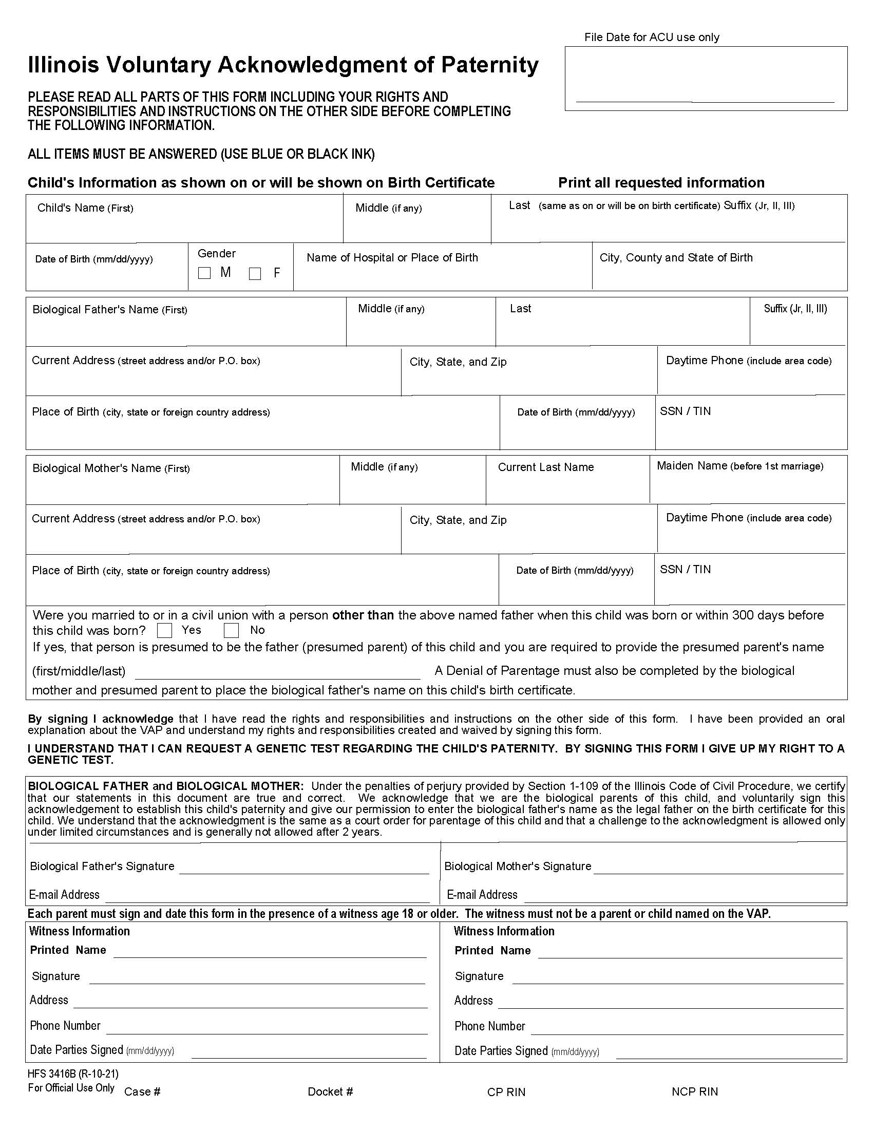 Illinois Voluntary Acknowledgment Of Paternity {HFS 3416B} | Pdf Fpdf Docx | Illinois