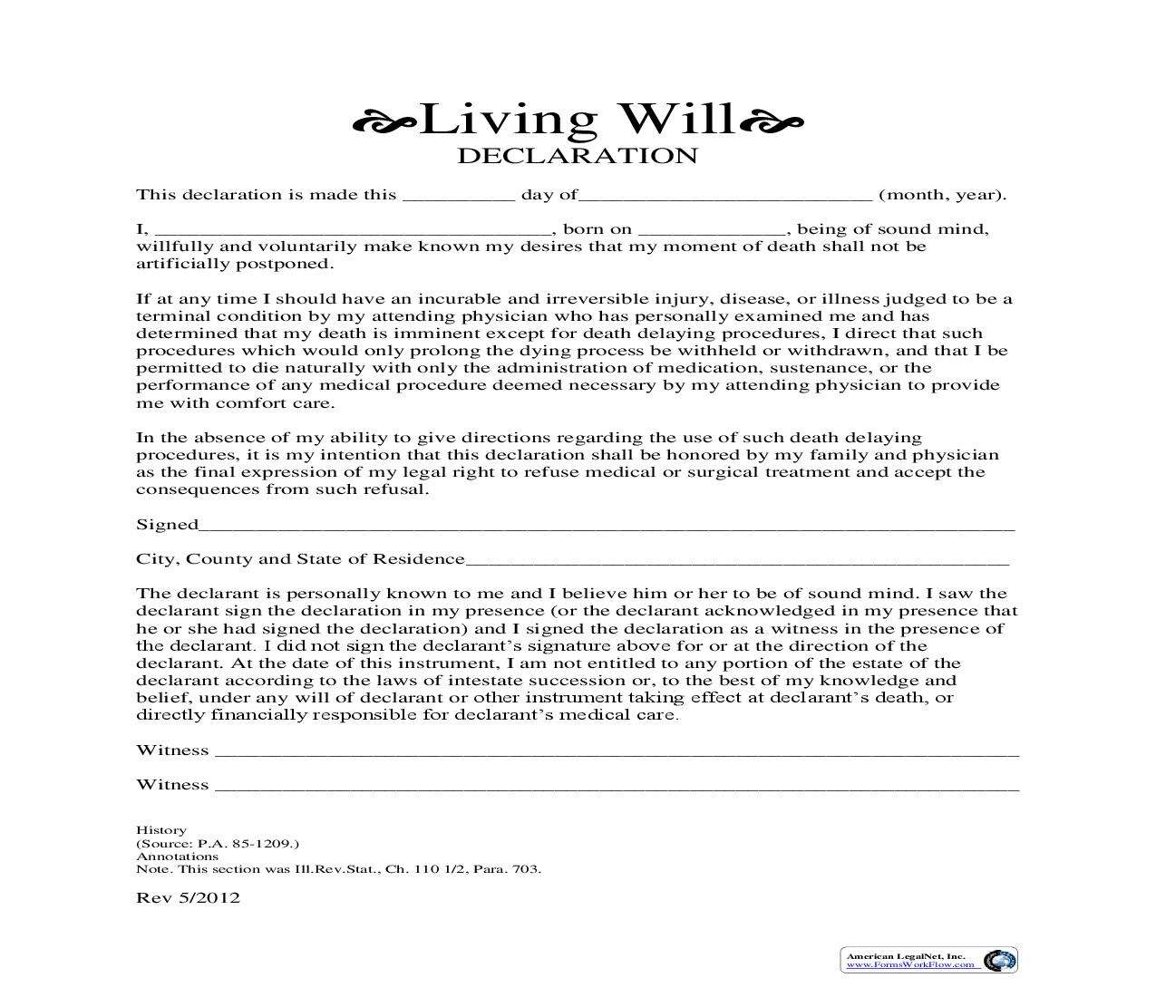 Living Will Declaration | Pdf Fpdf Doc Docx | Illinois