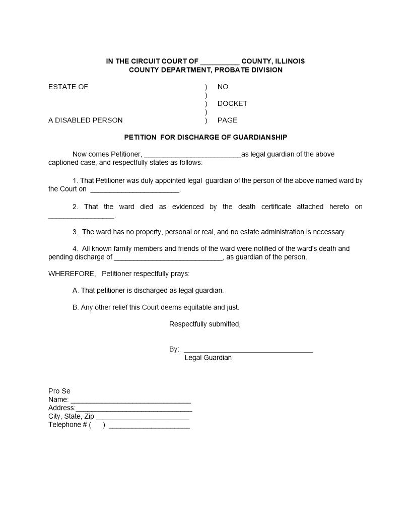Petition For Discharge Of Guardianship (Due To Death Of Ward) | Pdf Fpdf Docx | Illinois