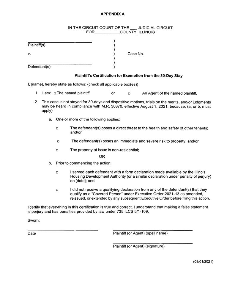 Plaintiffs Certification For Exemption From The 30-Day Stay | Pdf Fpdf Docx | Illinois
