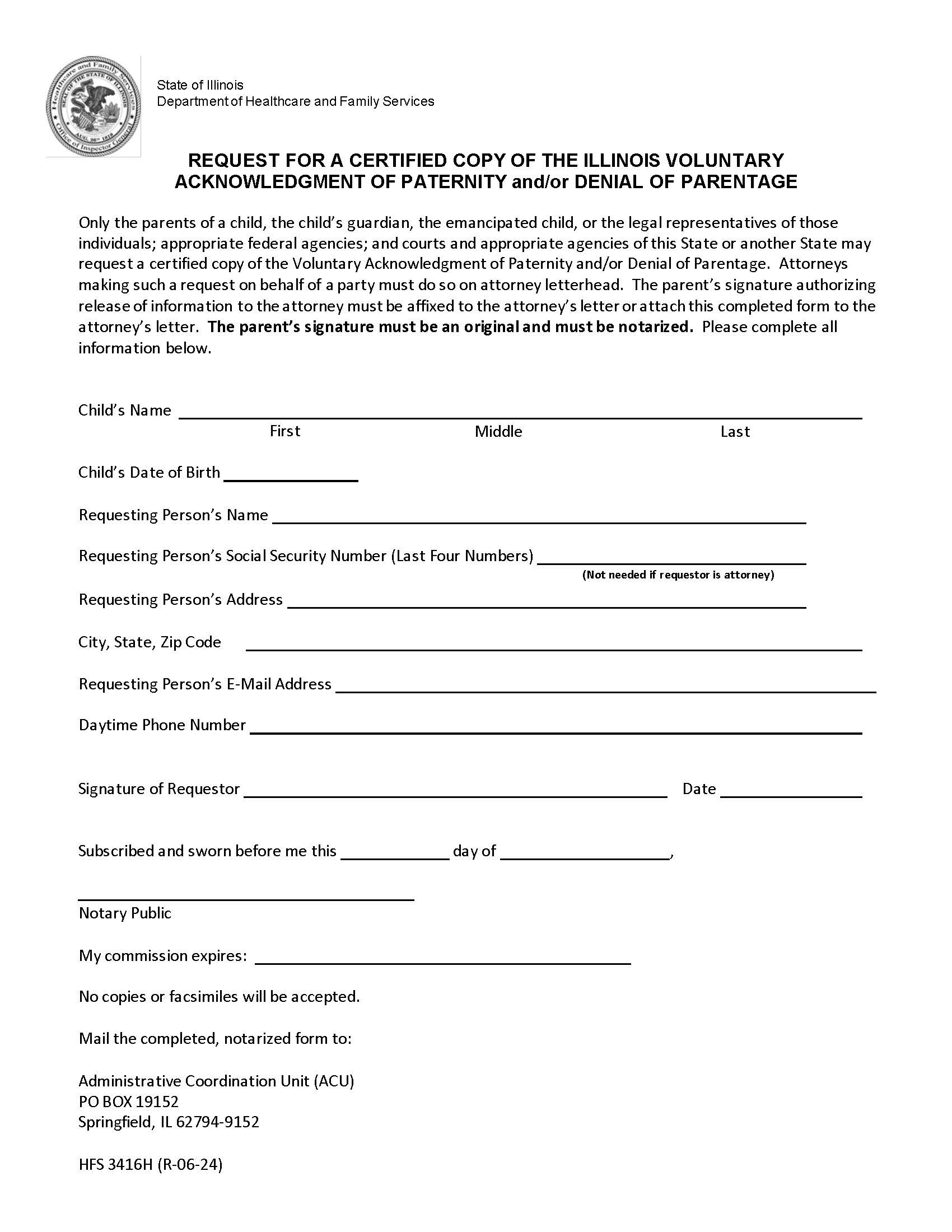 Request For Certified Copy Acknowledgment Of Paternity-Denial Of Parentage {HFS 3416H} | Pdf Fpdf Docx | Illinois