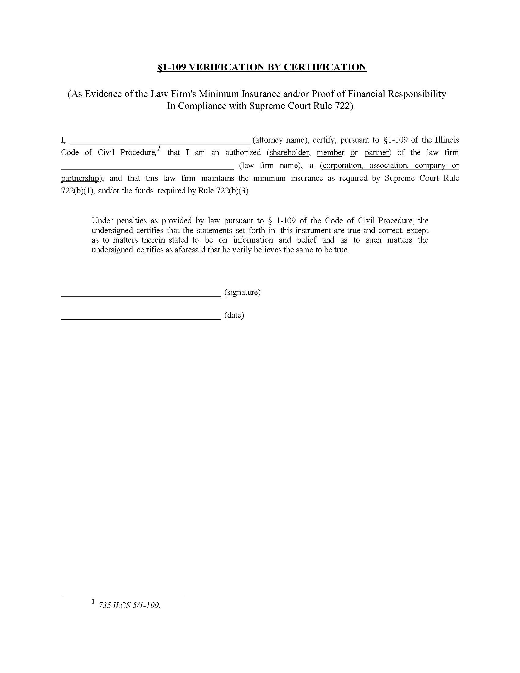 Section 1-109 Verification By Certification (Law Firm) | Pdf Fpdf Docx | Illinois