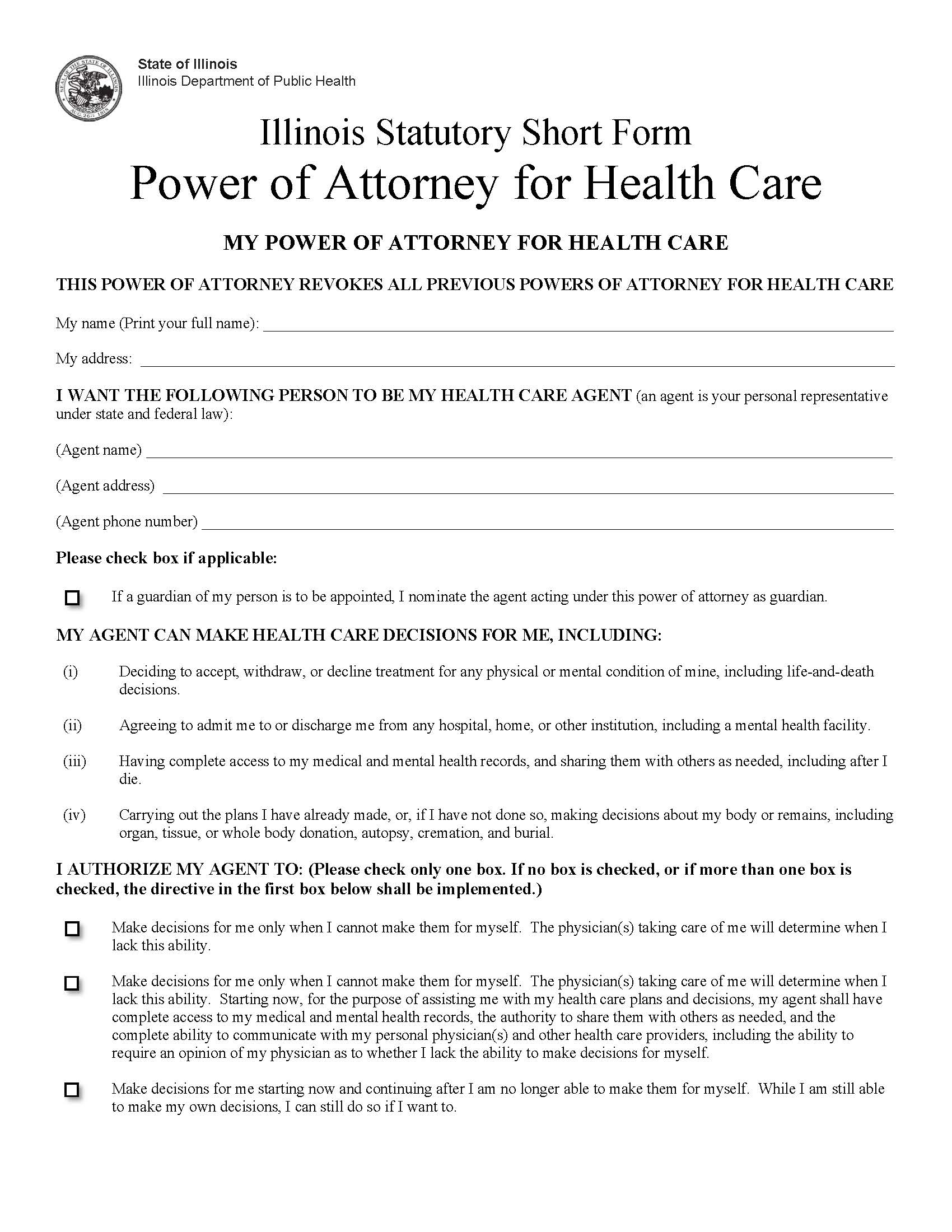 Statutory Short Form Power Of Attorney For Health Care | Pdf Fpdf Docx | Illinois