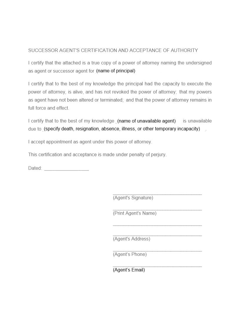 Successor Agents Certification And Acceptance Of Authority (Health Care PoA) | Pdf Fpdf Docx | Illinois