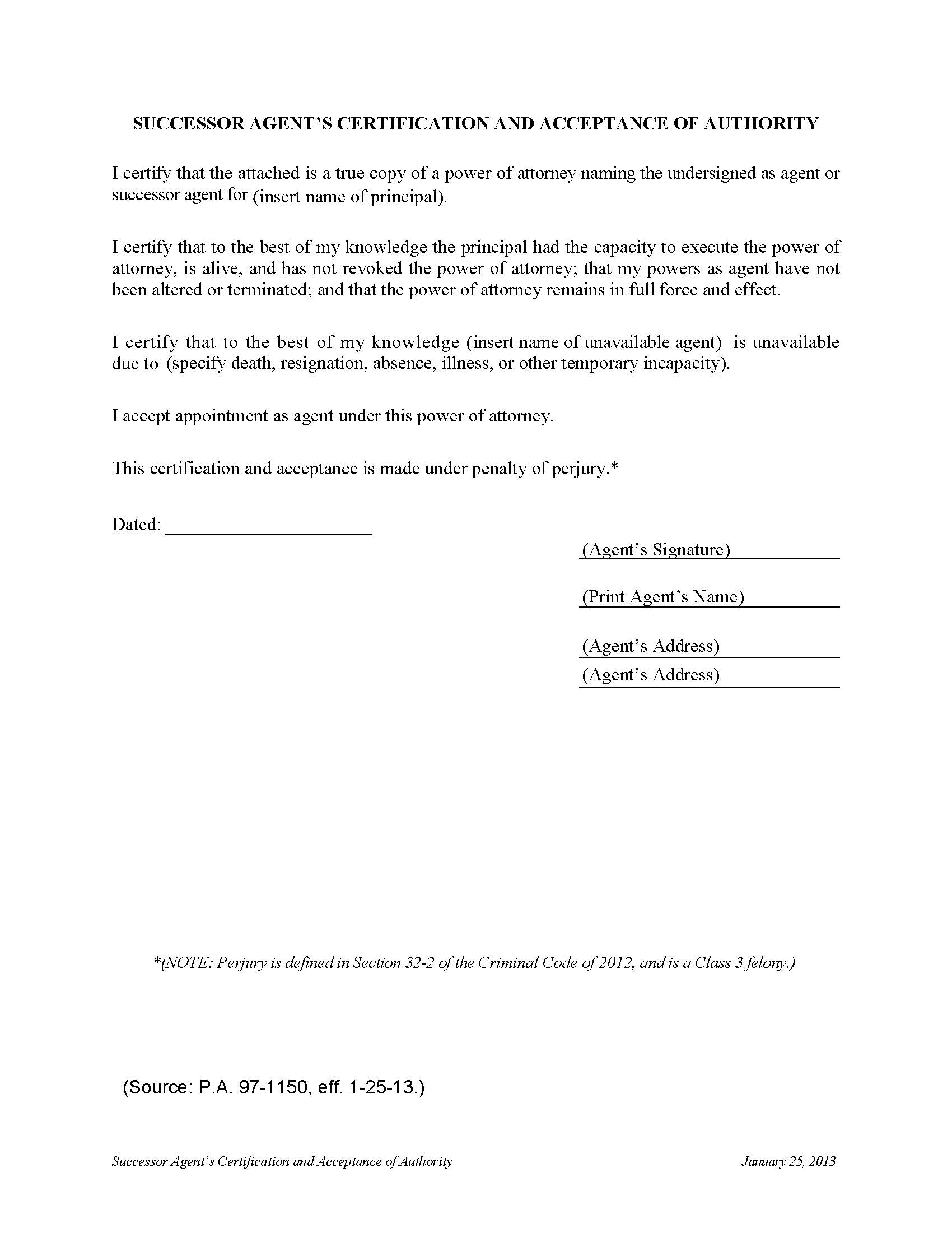 Successor Agents Certification And Acceptance Of Authority Form | Pdf Fpdf Doc Docx | Illinois