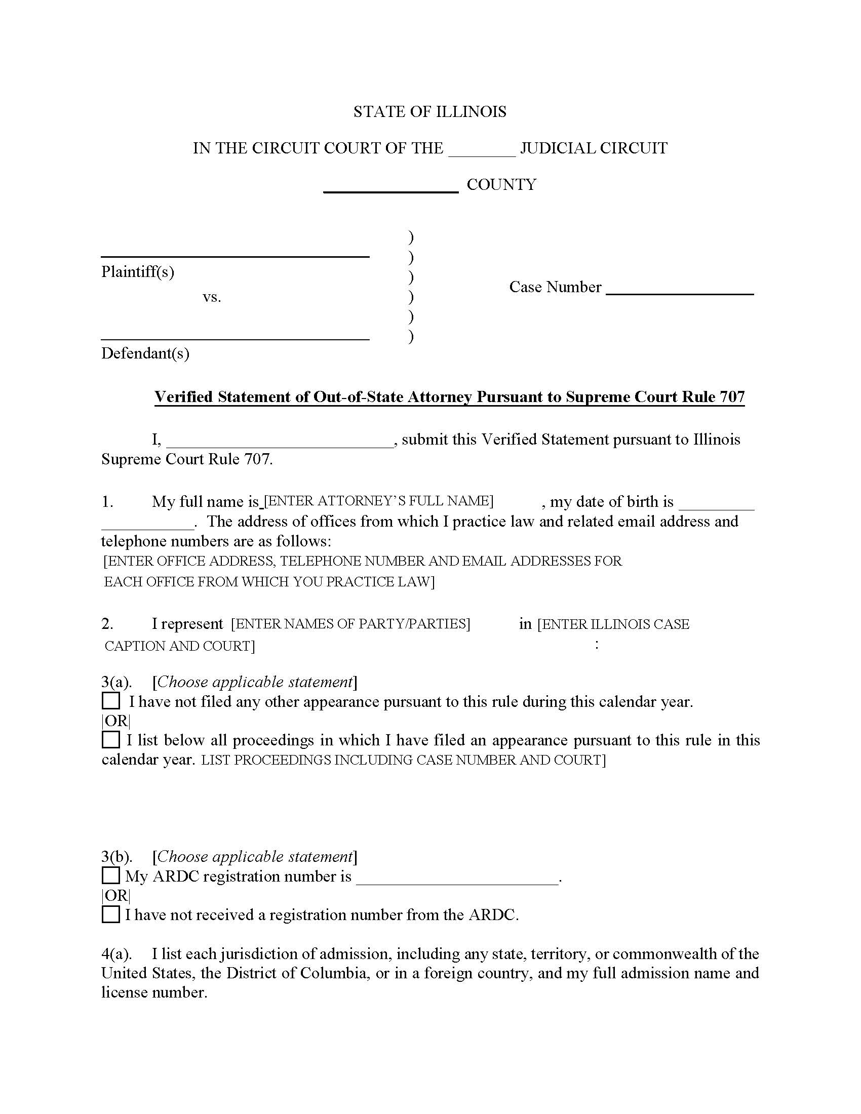 Verified Statement Of Out-Of-State Attorney Pursuant To Supreme Court Rule 707 | Pdf Fpdf Docx | Illinois