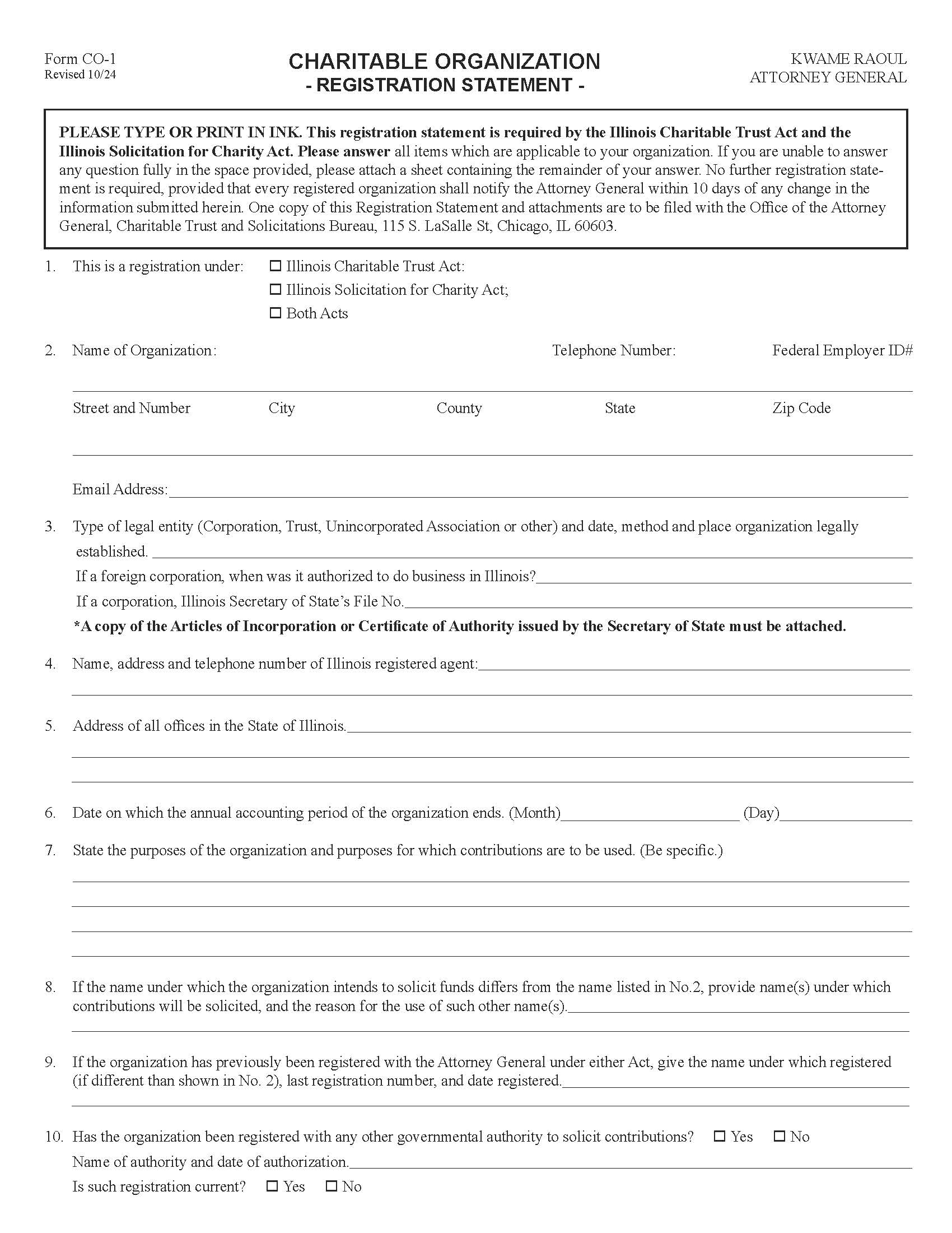Charitable Organization Registration Statement {CO-1} | Pdf Fpdf Docx | Illinois