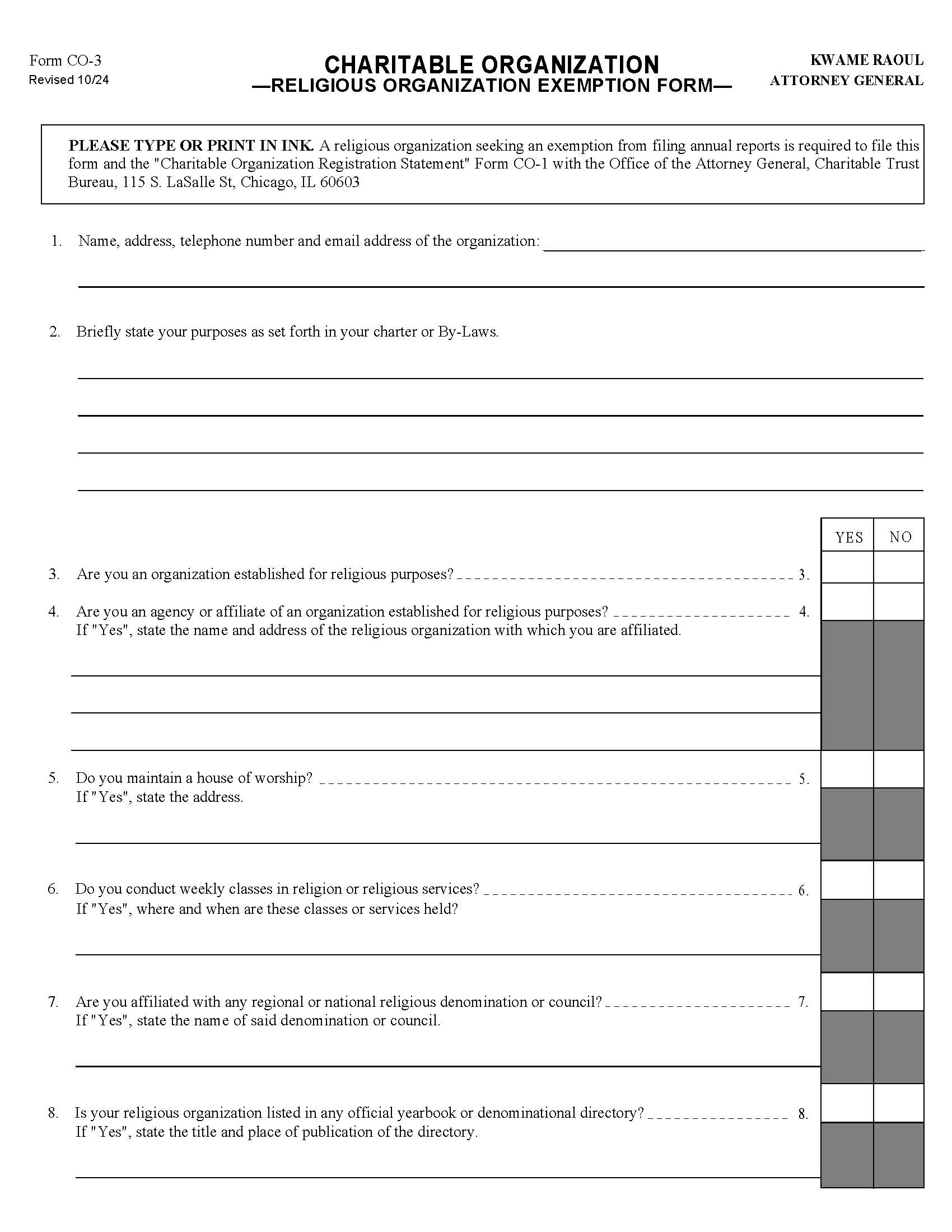 Charitable Organization Religious Organization Exemption Form {CO-3} | Pdf Fpdf Docx | Illinois