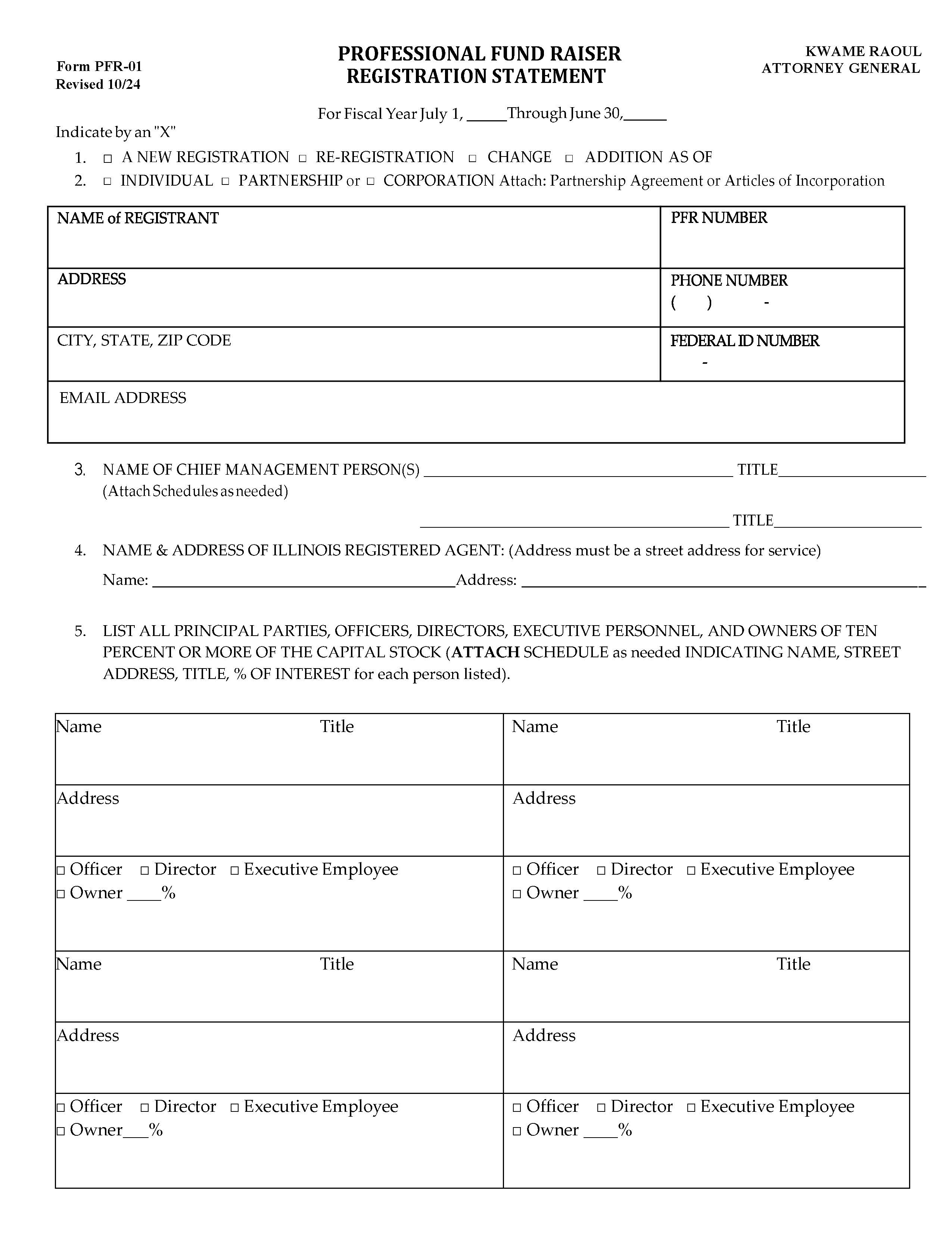 Professional Fund Raiser Registration Statement w-Instructions {PFR-01} | Pdf Fpdf Docx | Illinois