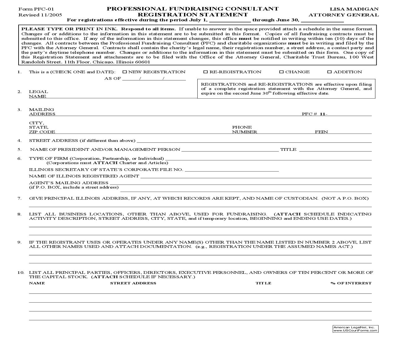 Professional Fund Raising Consultant Registration Statement {PFC-01} | Pdf Fpdf Docx | Illinois