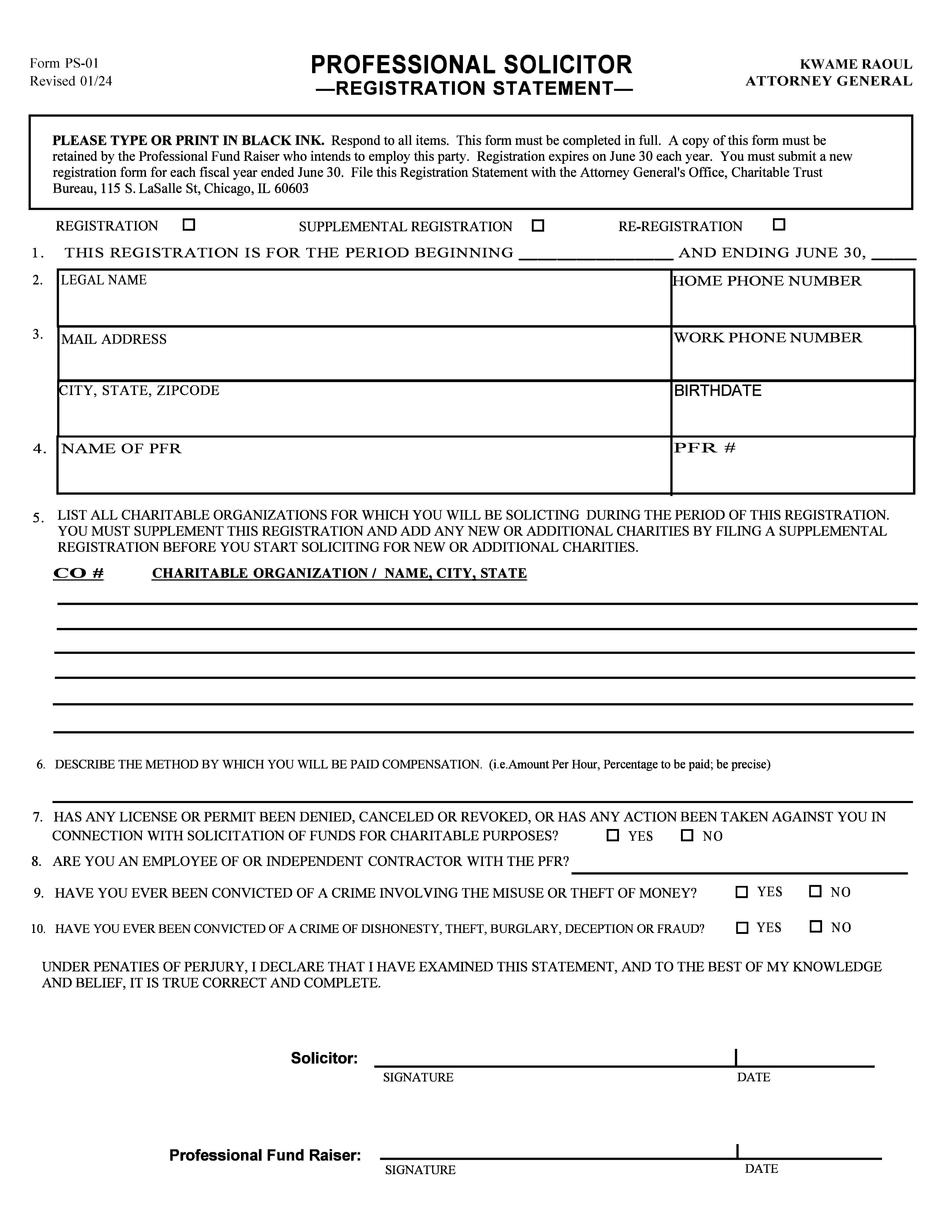 Professional Solicitor Registration Statement {PS-01} | Pdf Fpdf Docx | Illinois