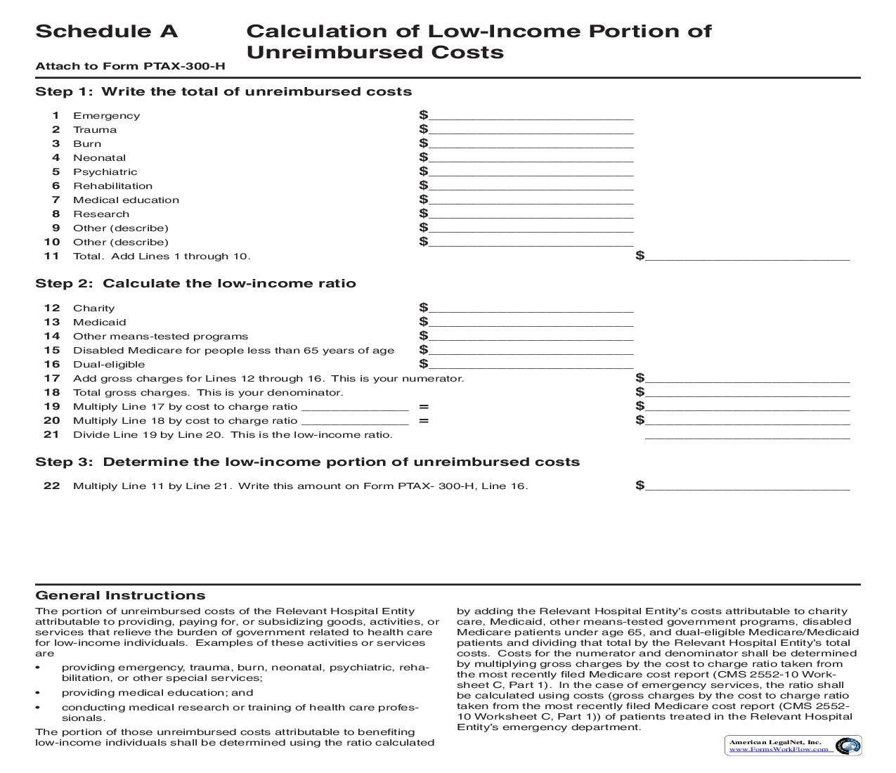 Calculation Of Low-Income Portion Of Unreimbursed Costs  (Schedule A For PTAX-300-H) | Pdf Fpdf Docx | Illinois