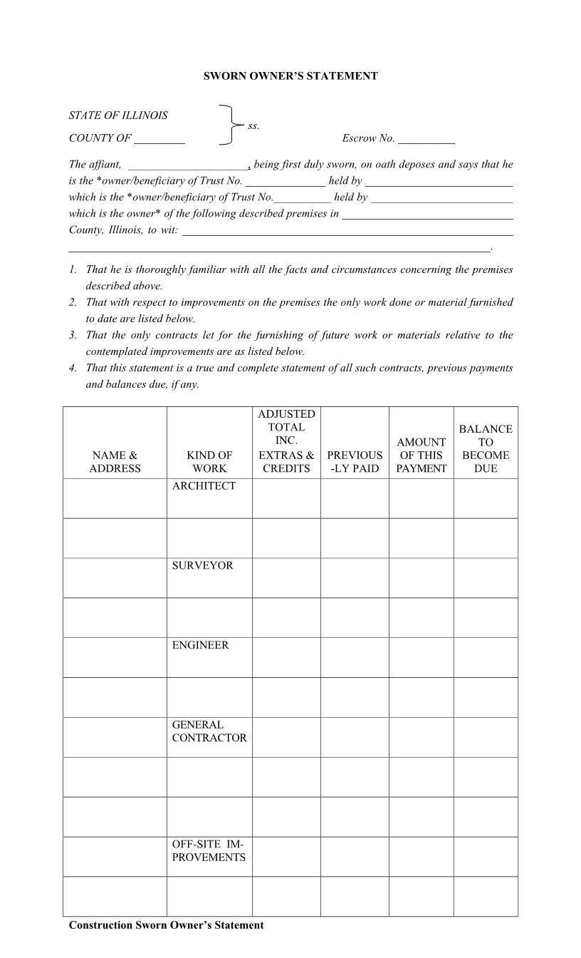 Construction Sworn Owners Statement | Pdf Fpdf Docx | Illinois