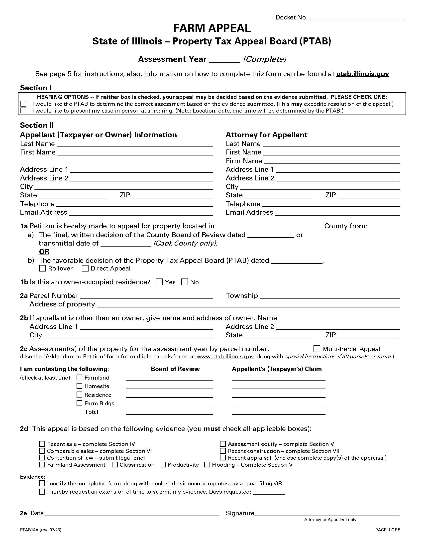 Farm Appeal Property Tax Appeal Board {PTAB 14A} | Pdf Fpdf Docx | Illinois
