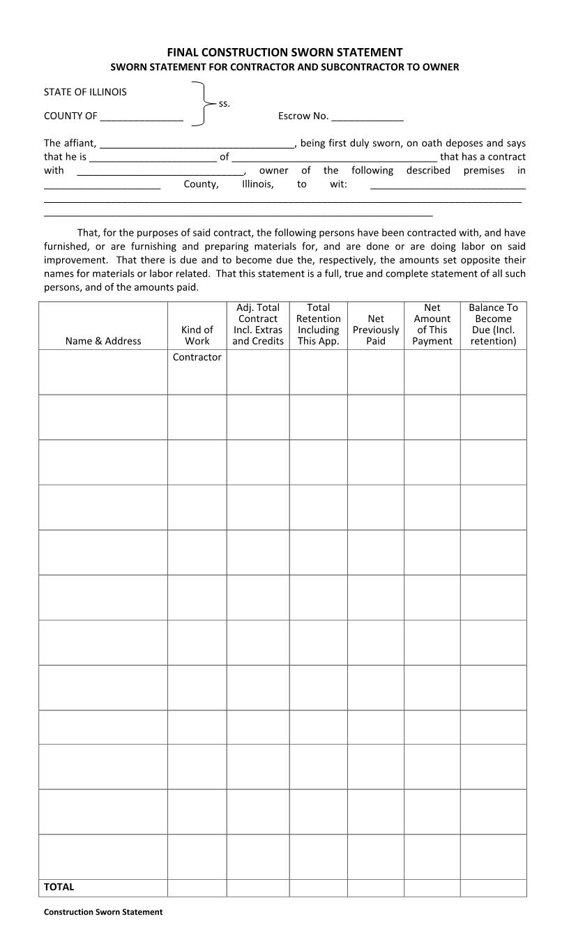 Final Construction Sworn Statement (For Contractor And Subcontractor To Owner) | Pdf Fpdf Docx | Illinois