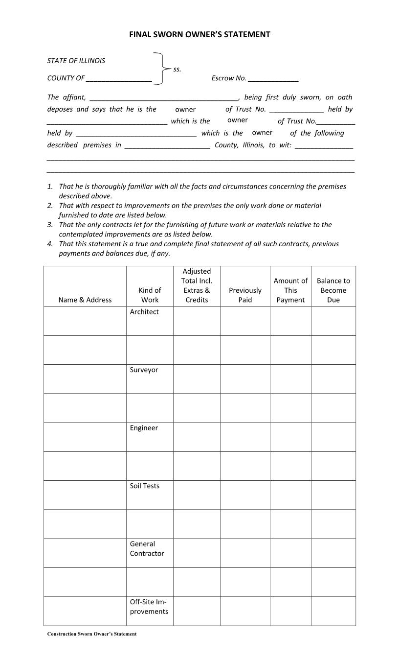 Final Sworn Owners Statement | Pdf Fpdf Docx | Illinois