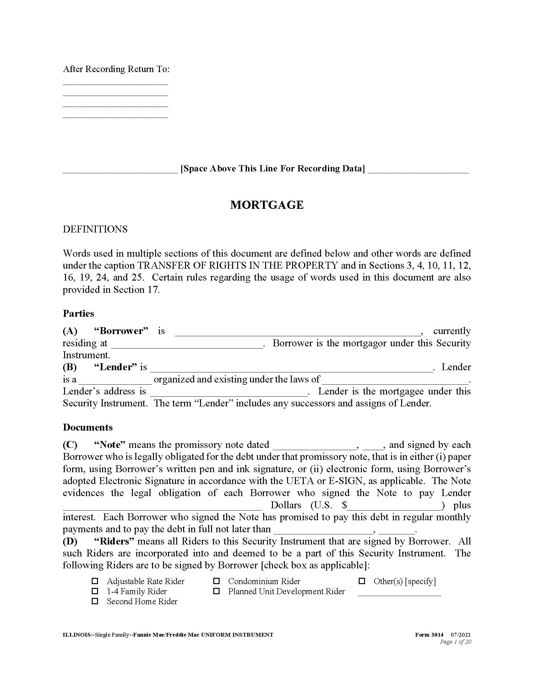 Mortgage (Standard Form Single Family Fannie Mae Freddie Mac) {3014} | Pdf Fpdf Docx | Illinois