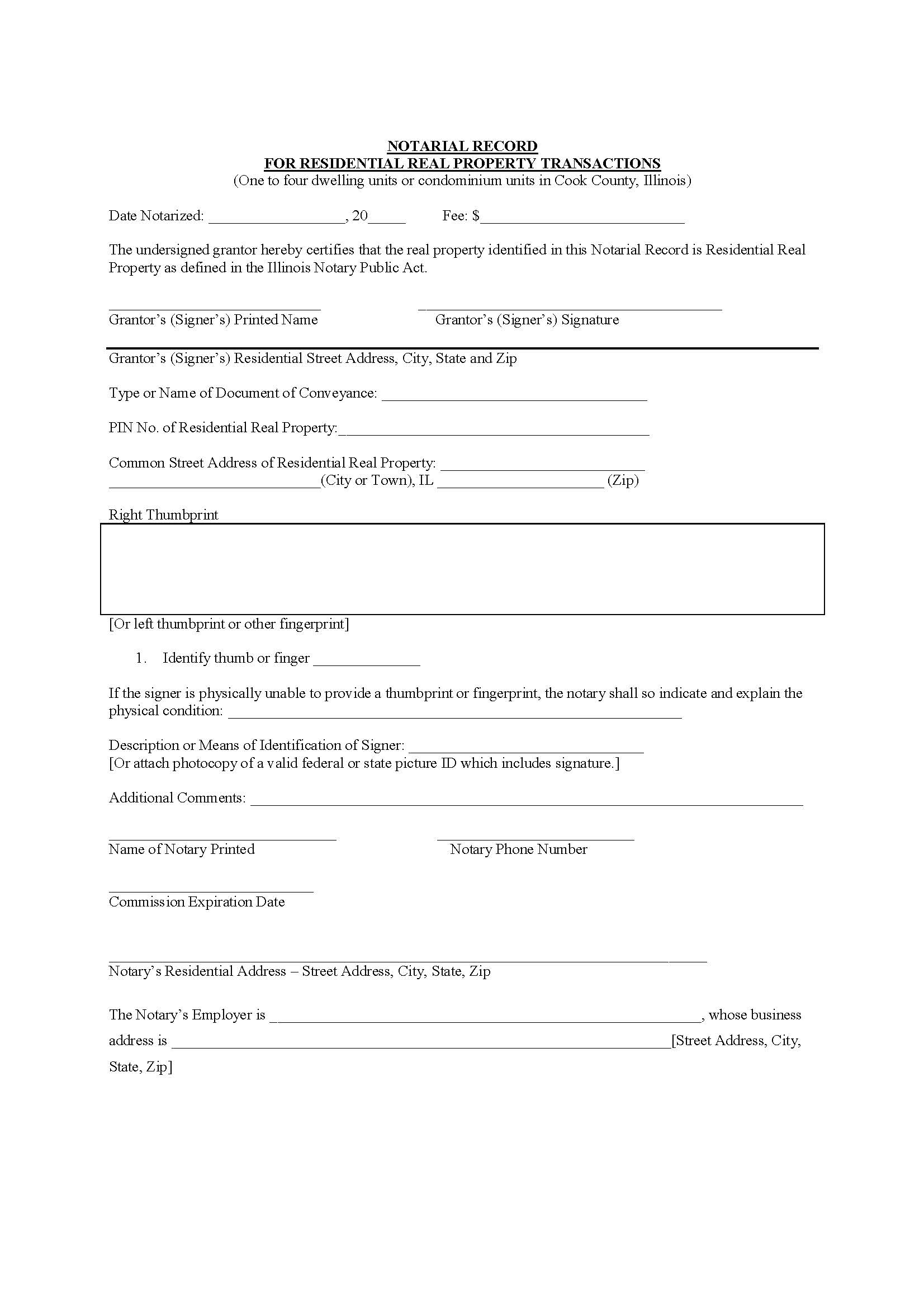 Notarial Record For Residential Real Property Transactions | Pdf Fpdf Docx | Illinois