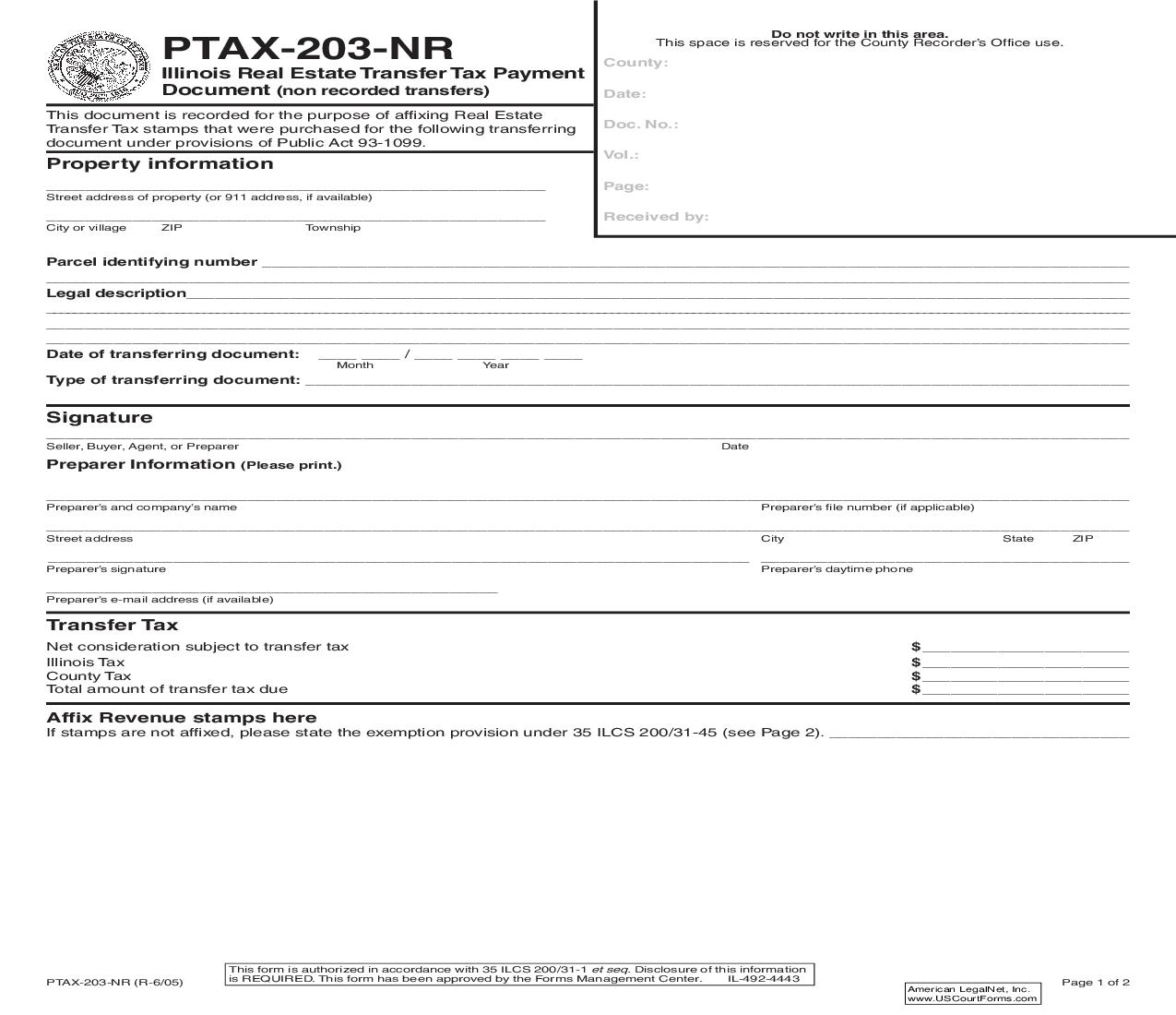 PTAX-203-NR Illinois Real Estate Transfer Tax Payment Document {PTAX-203-NR} | Pdf Fpdf Doc Docx | Illinois