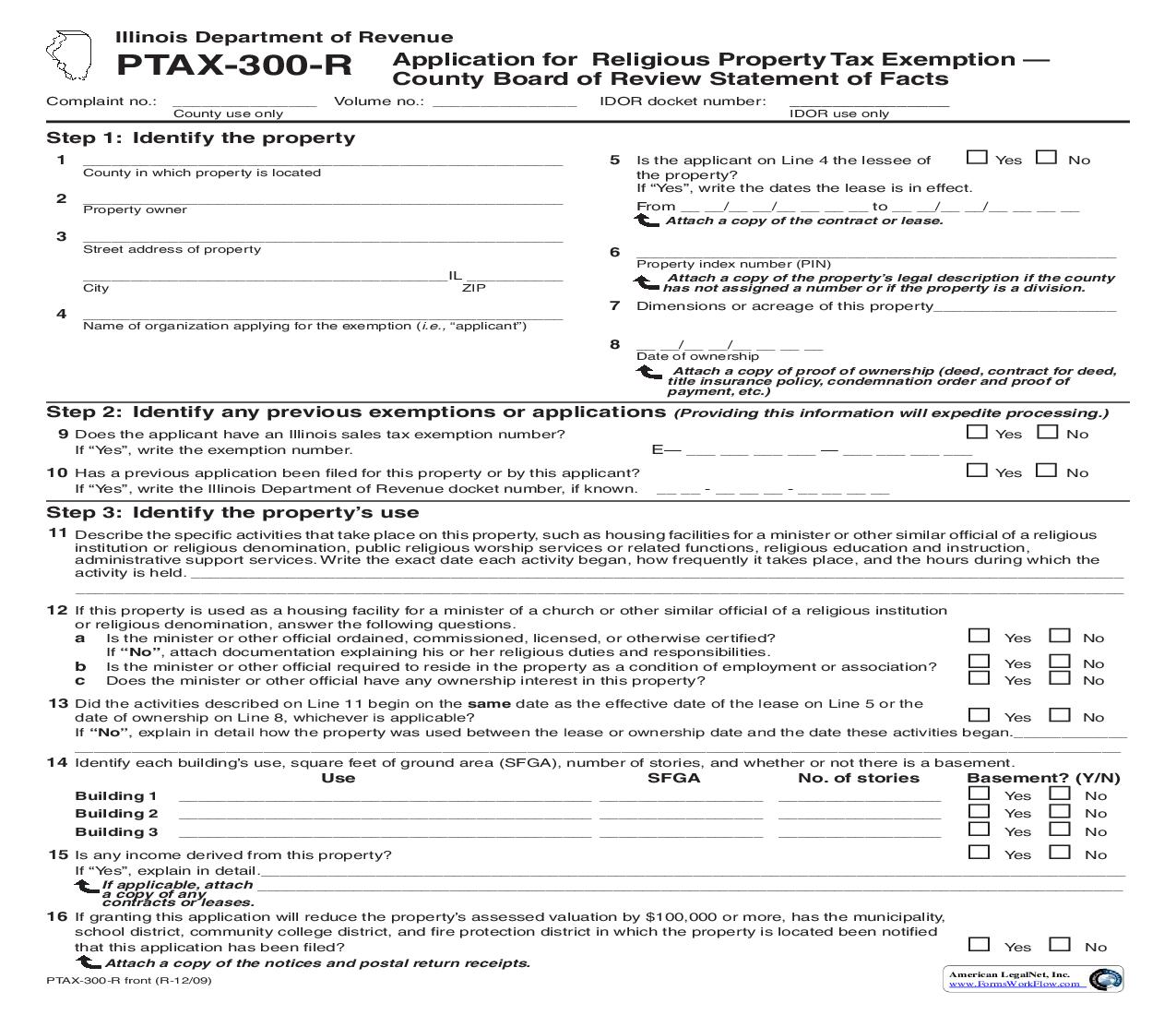 PTAX-300-R Religious Application For Non-Homestead Property Tax Exemption {PTAX-300-R} | Pdf Fpdf Doc Docx | Illinois