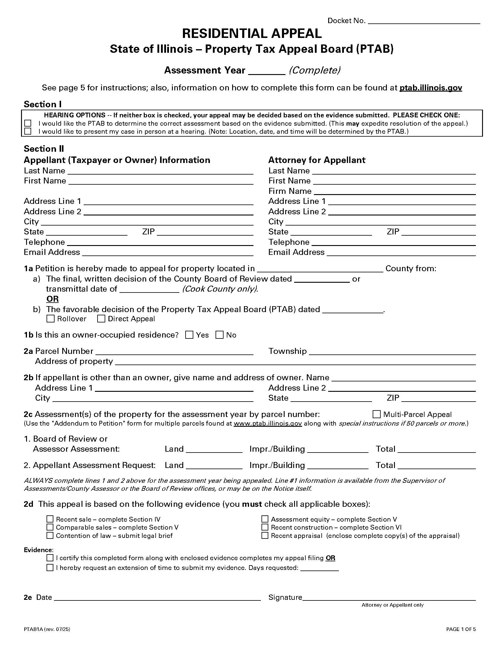 Residential Appeal Property Tax Appeal Board {PTAB 1 A} | Pdf Fpdf Docx | Illinois