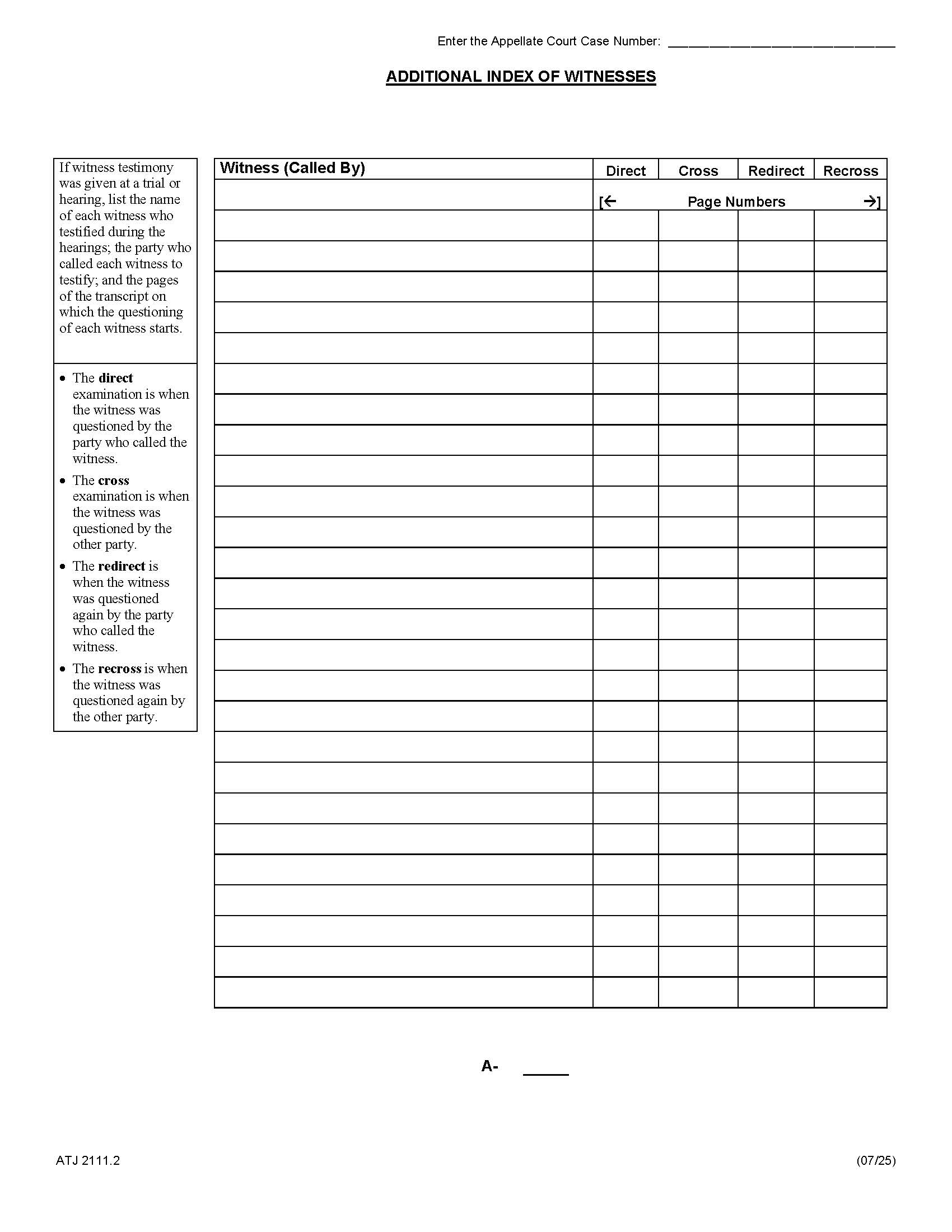 Additional Index Of Witnesses {ATJ 2111.2} | Pdf Fpdf Docx | Illinois