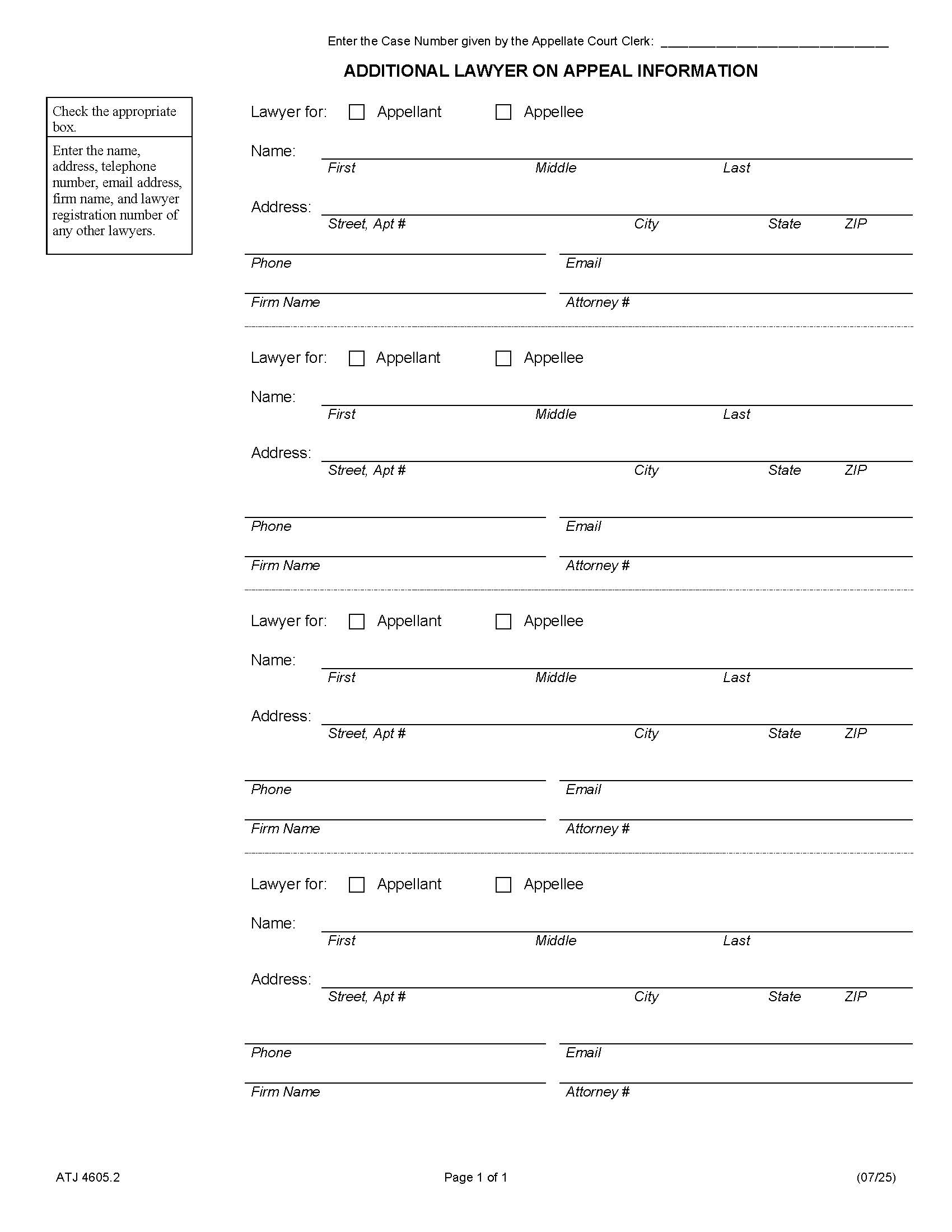 Additional Lawyer On Appeal Information (Docketing Statement) {ATJ 4605.2} | Pdf Fpdf Docx | Illinois