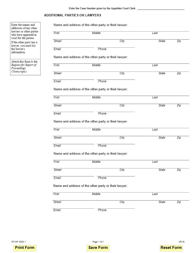 Additional Parties Or Lawyers {RT-AP 4505.1} | Pdf Fpdf Docx | Illinois