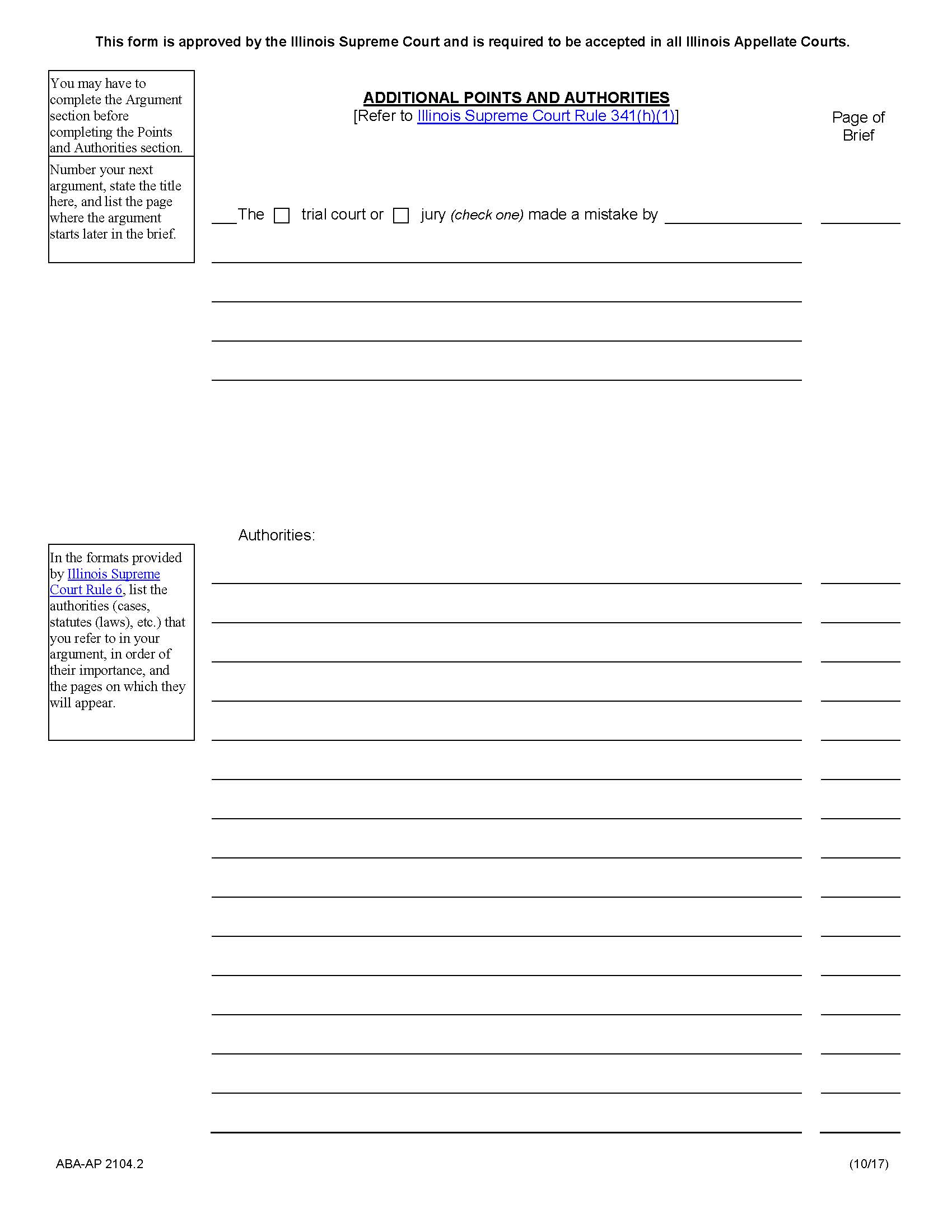 Additional Points And Authorities (Appellant) {ABA-AP 2104.2} | Pdf Fpdf Docx | Illinois