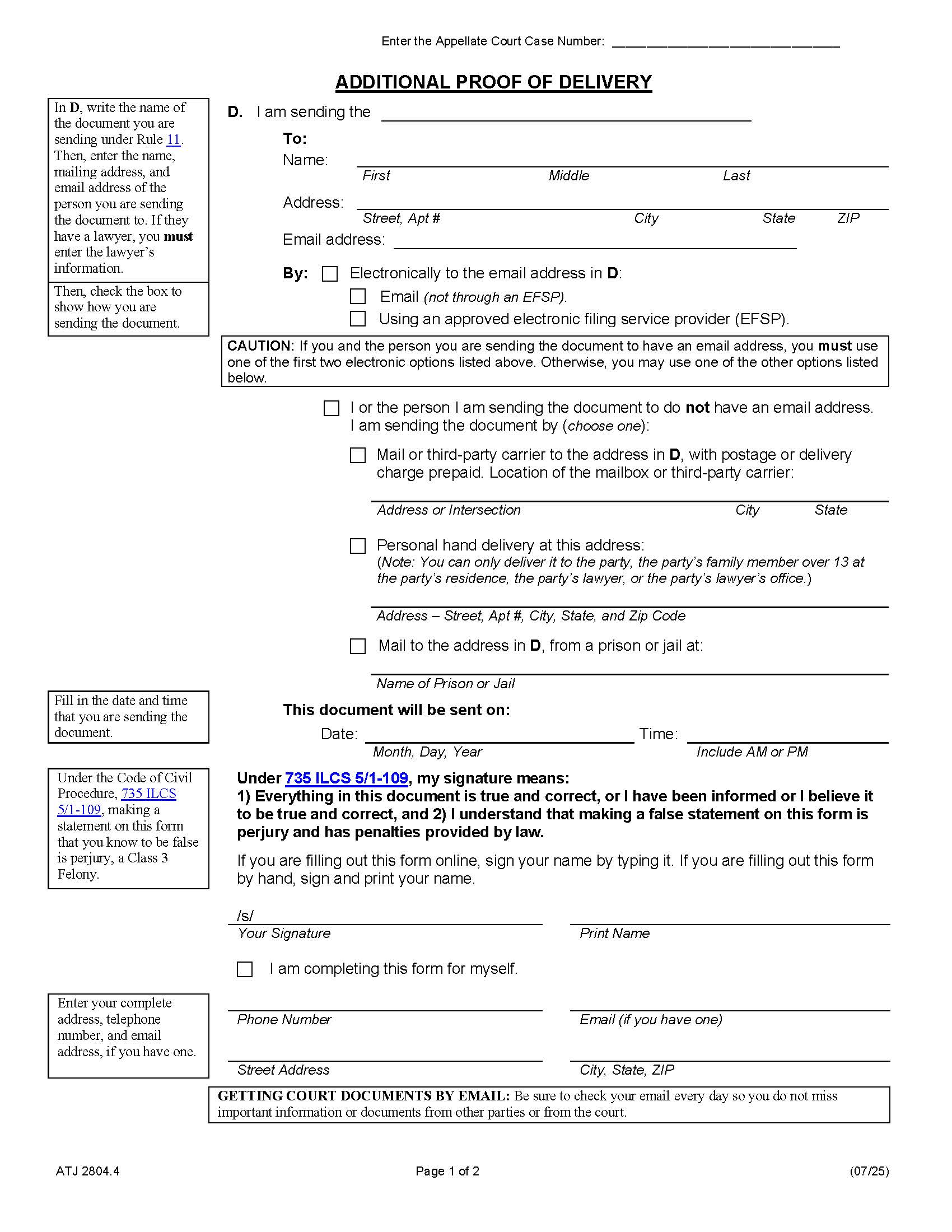 Additional Proof Of Delivery {ATJ 2804.4} | Pdf Fpdf Docx | Illinois