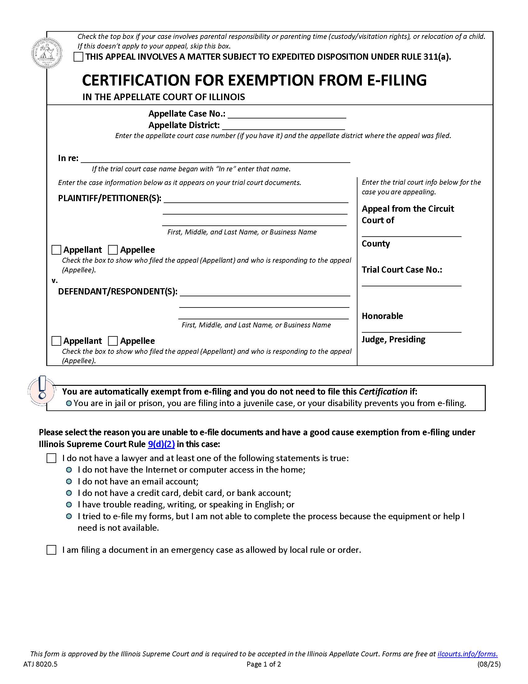 Certification For Exemption From Efiling (Appellate) {ATJ 8020.5} | Pdf Fpdf Docx | Illinois