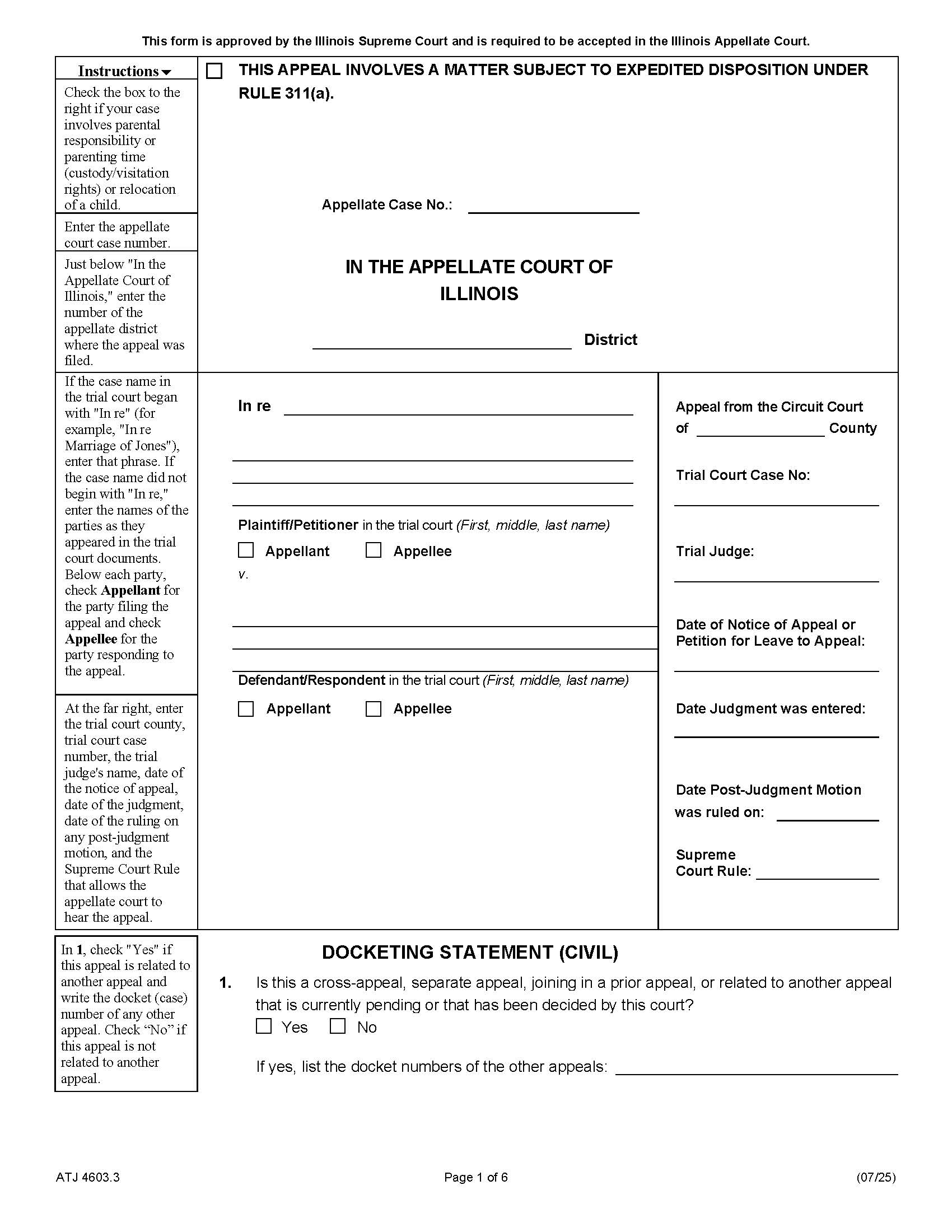 Docketing Statement {ATJ 4603.3} | Pdf Fpdf Docx | Illinois