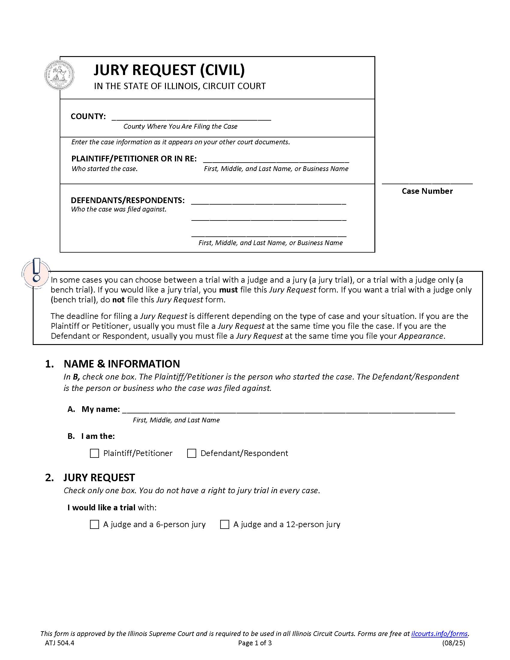 Jury Request (Civil) {ATJ 504.4} | Pdf Fpdf Docx | Illinois