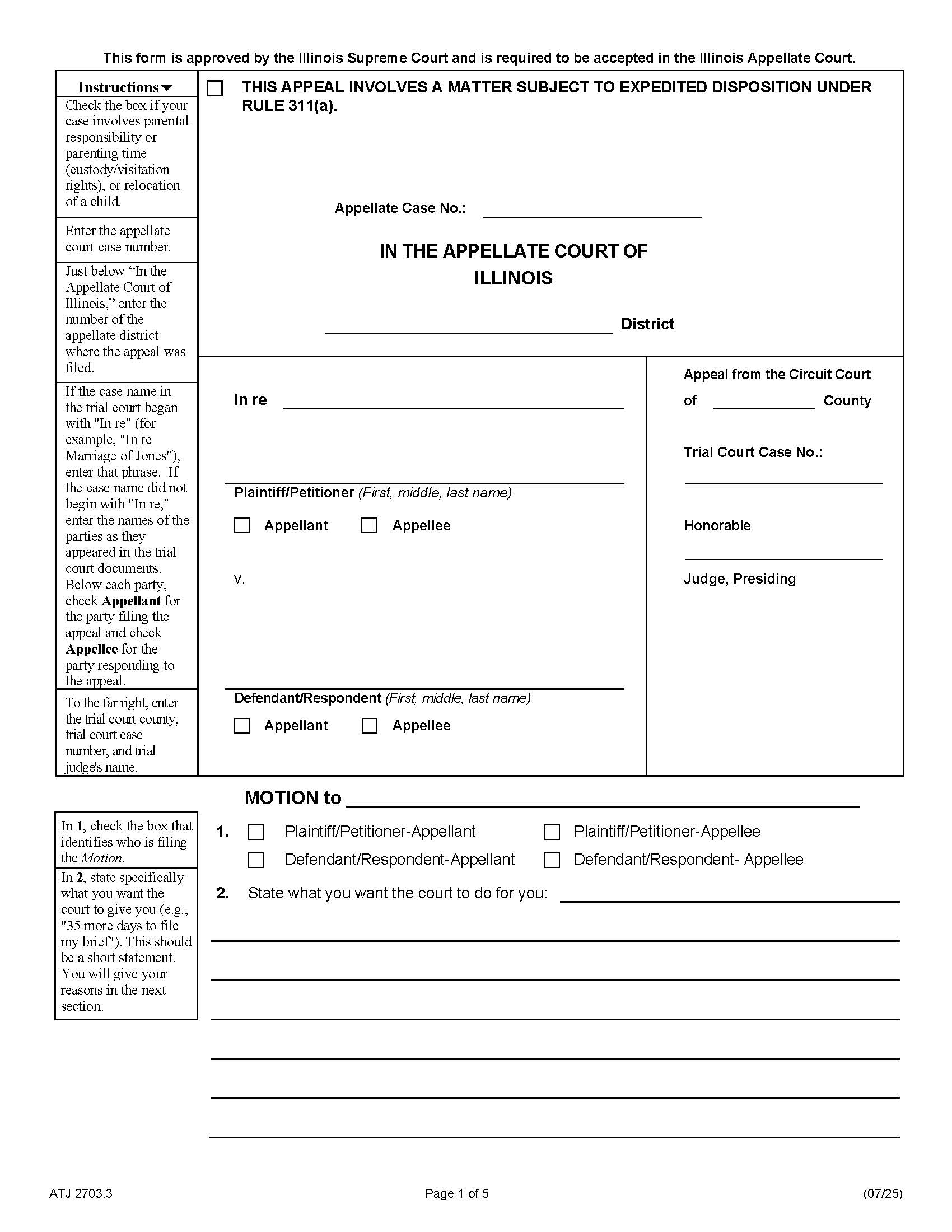 Motion (Appellate) {ATJ 2703.3} | Pdf Fpdf Docx | Illinois