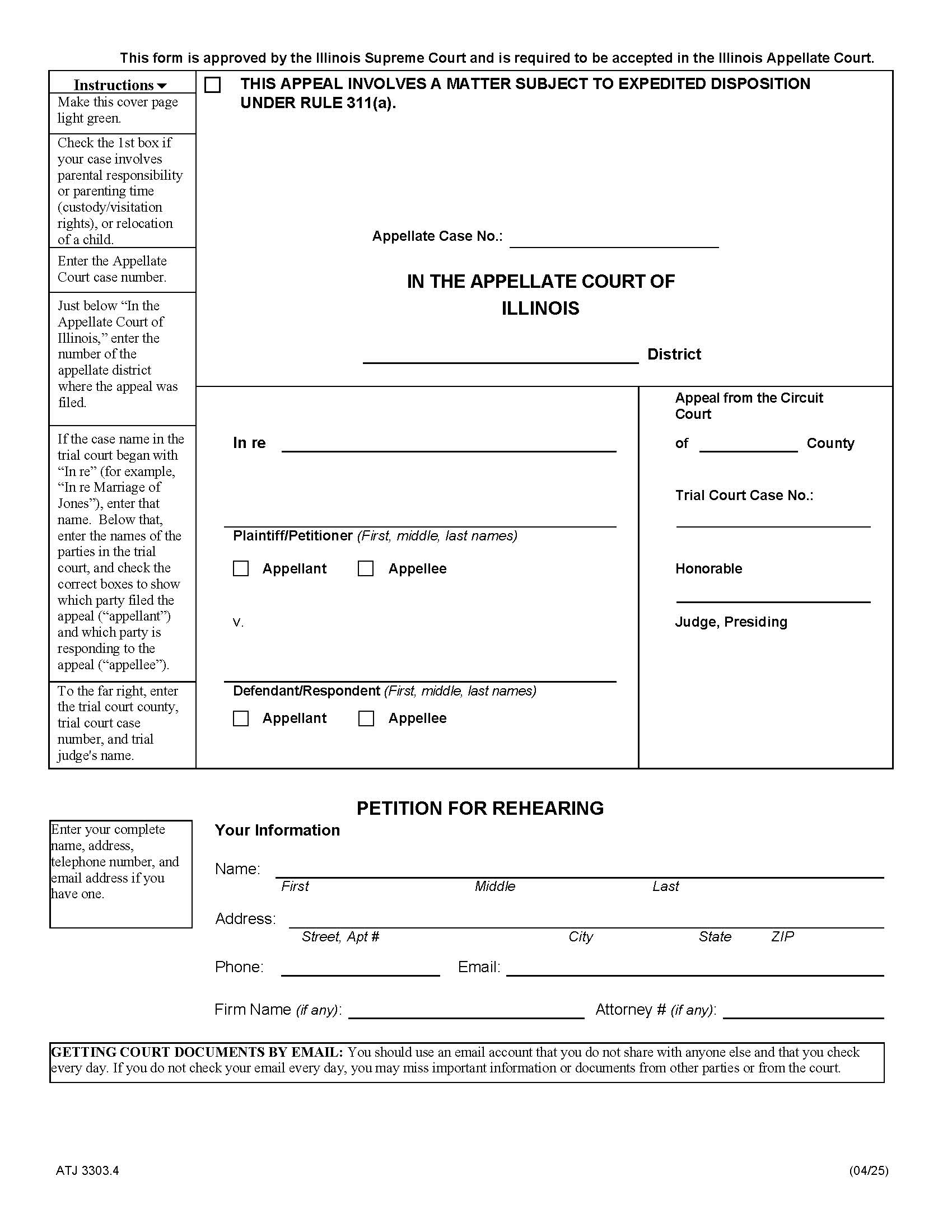 Petition For Rehearing (Appellate) {ATJ 3303.4} | Pdf Fpdf Docx | Illinois
