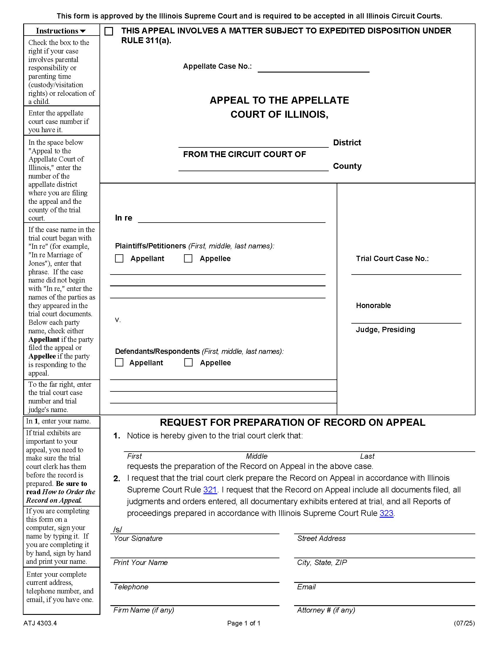 Request For Preparation Of Record On Appeal {ATJ 4303.4} | Pdf Fpdf Docx | Illinois