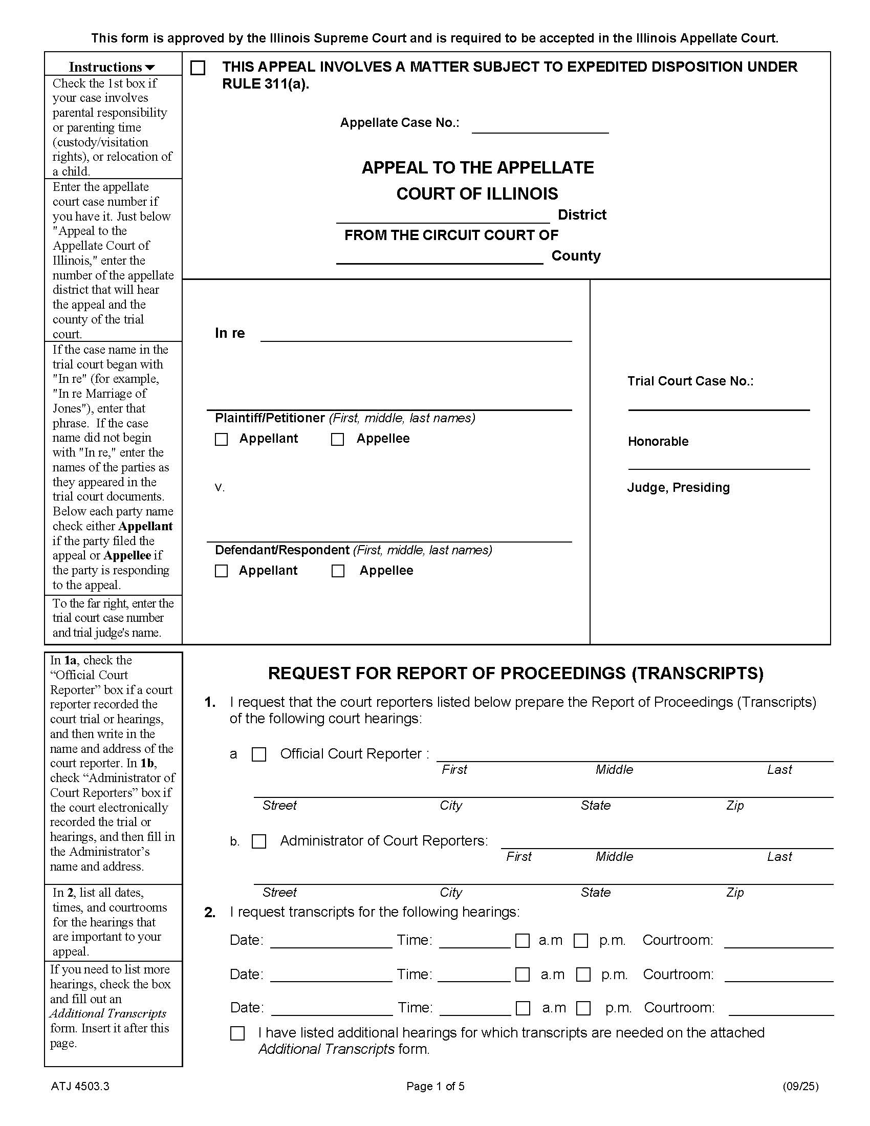 Request For Report Of Proceedings (Transcripts) {ATJ 4503.3} | Pdf Fpdf Docx | Illinois