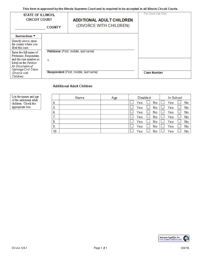Additional Adult Children (Divorce With Children) {DV-AA 124.1} | Pdf Fpdf Docx | Illinois