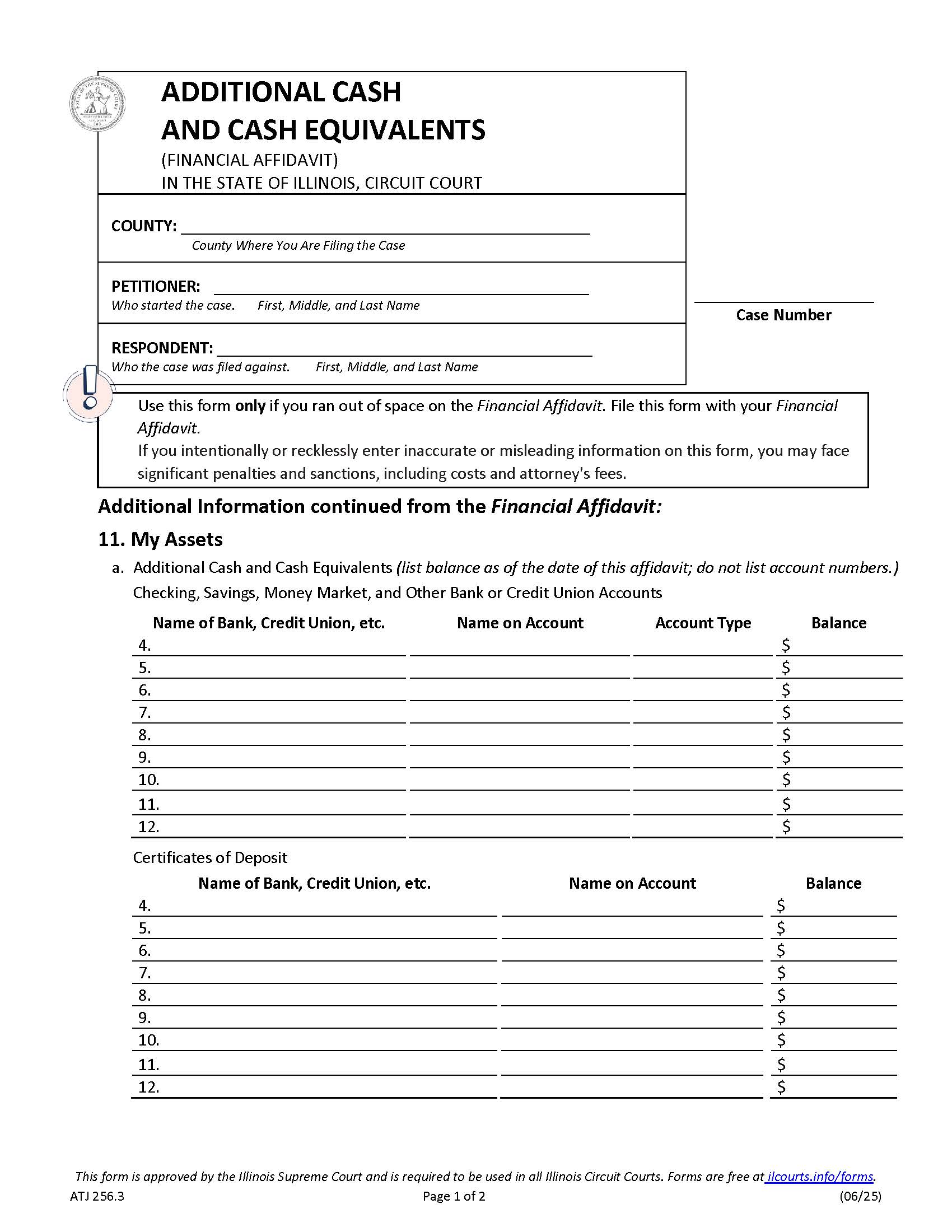 Additional Cash And Cash Equivalents (Financial Affidavit) {ATJ 256.3} | Pdf Fpdf Docx | Illinois