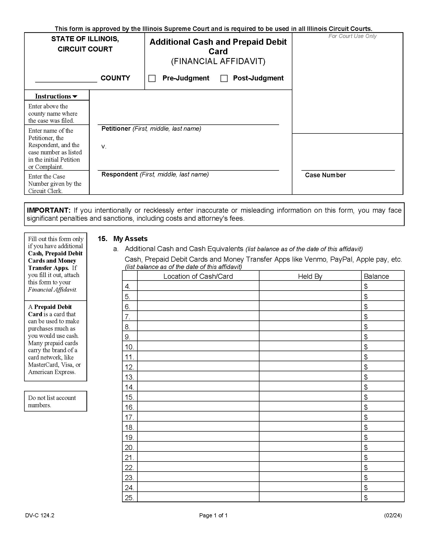 Additional Cash And Prepaid Debit Card (Financial Affidavit) {DV-C 124.2} | Pdf Fpdf Docx | Illinois