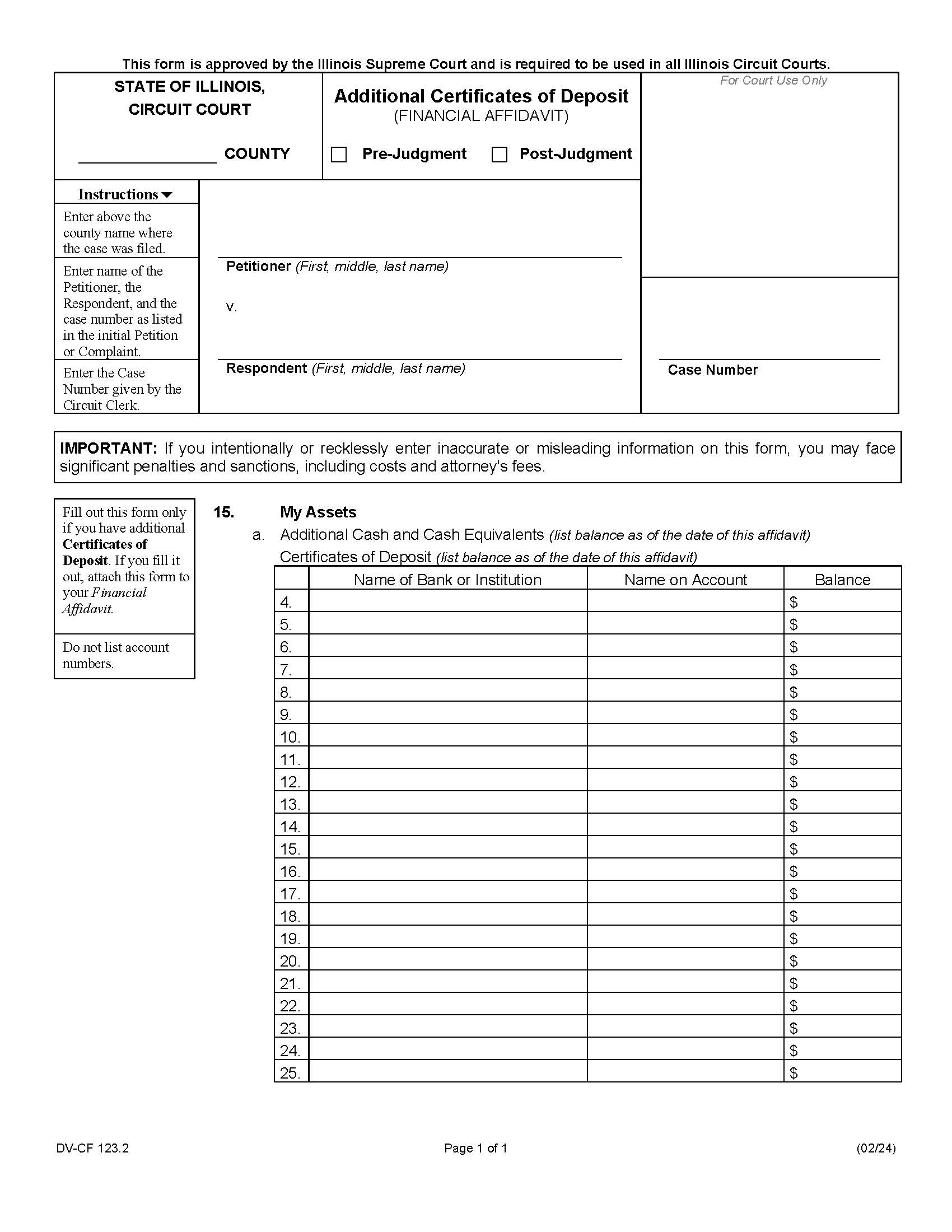 Additional Certificates Of Deposit (Financial Affidavit) {DV-CF 123.2} | Pdf Fpdf Docx | Illinois