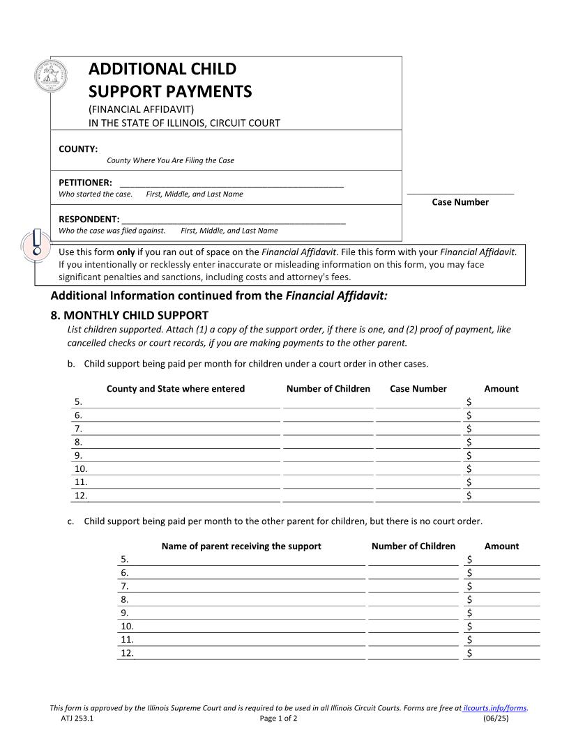 Additional Child Support Payments (Financial Affidavit) {ATJ 253.1} | Pdf Fpdf Docx | Illinois
